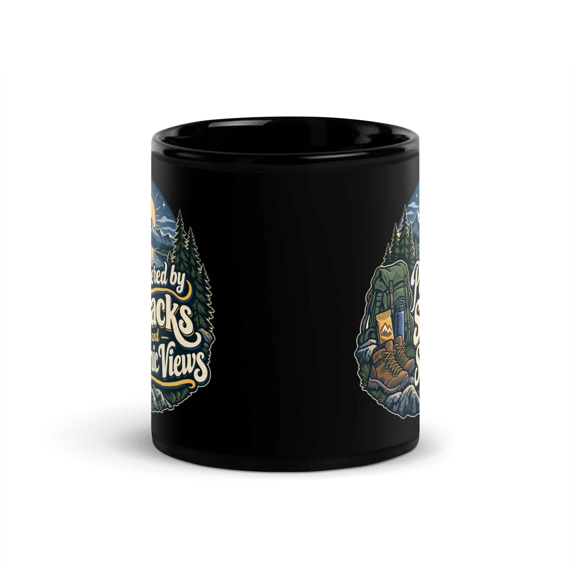 Nature and Adventure Black Coffee Mug: Powered by Snacks and Scenic Views, Woodland Scenic Lettering