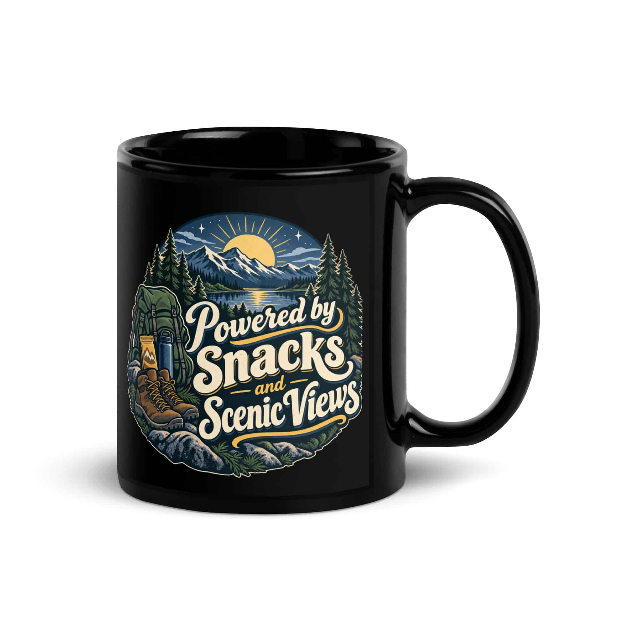 Nature and Adventure Black Coffee Mug: Powered by Snacks and Scenic Views, Woodland Scenic Lettering