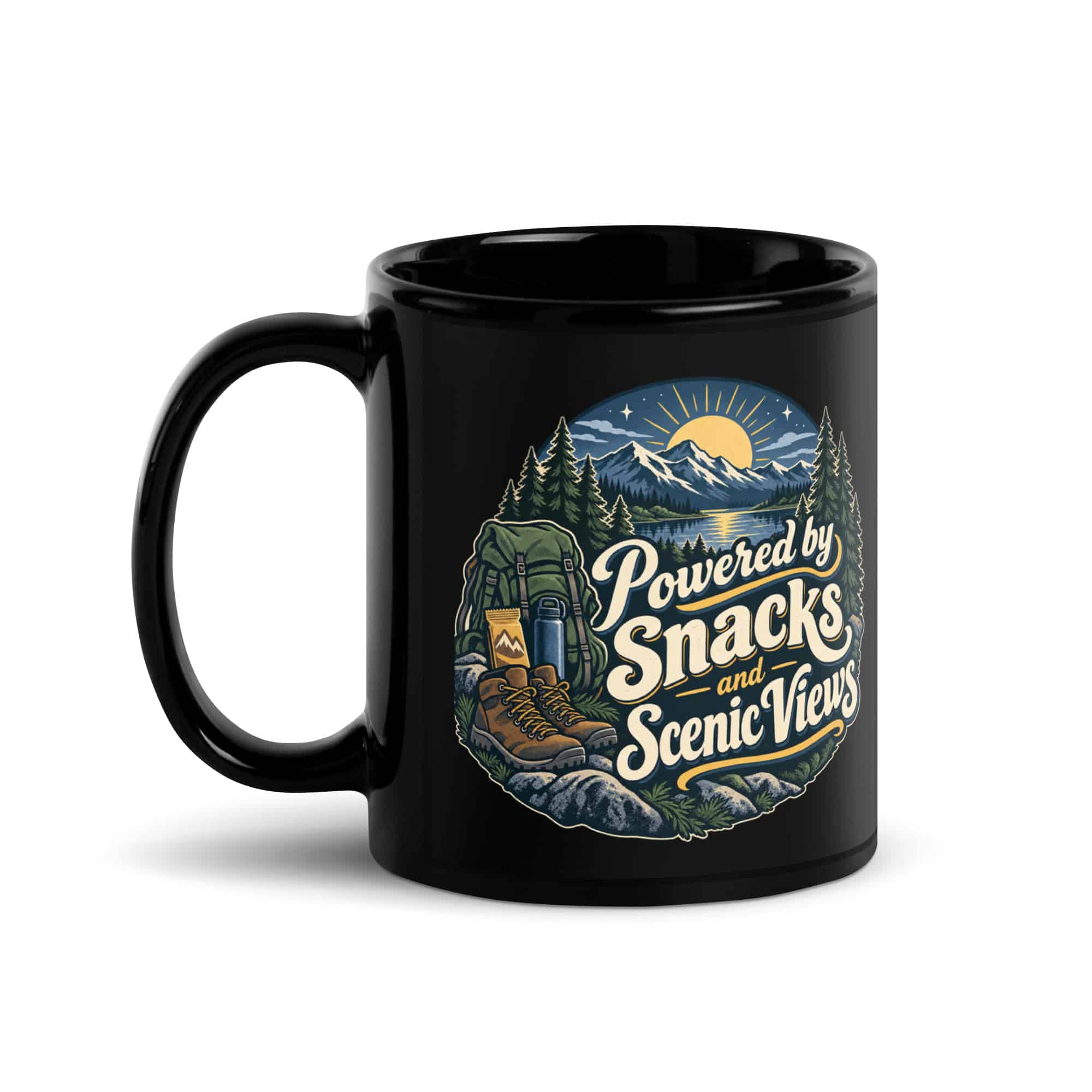Nature and Adventure Black Coffee Mug: Powered by Snacks and Scenic Views, Woodland Scenic Lettering