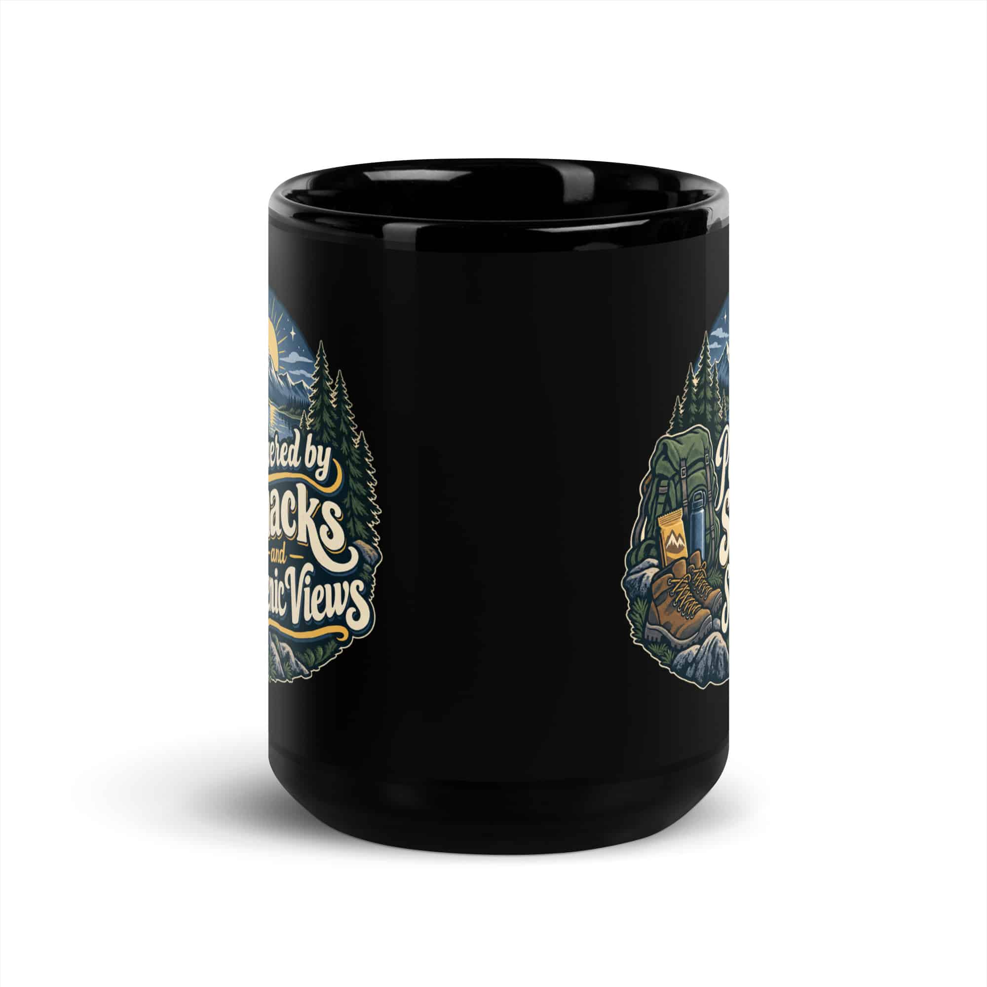 Nature and Adventure Black Coffee Mug: Powered by Snacks and Scenic Views, Woodland Scenic Lettering