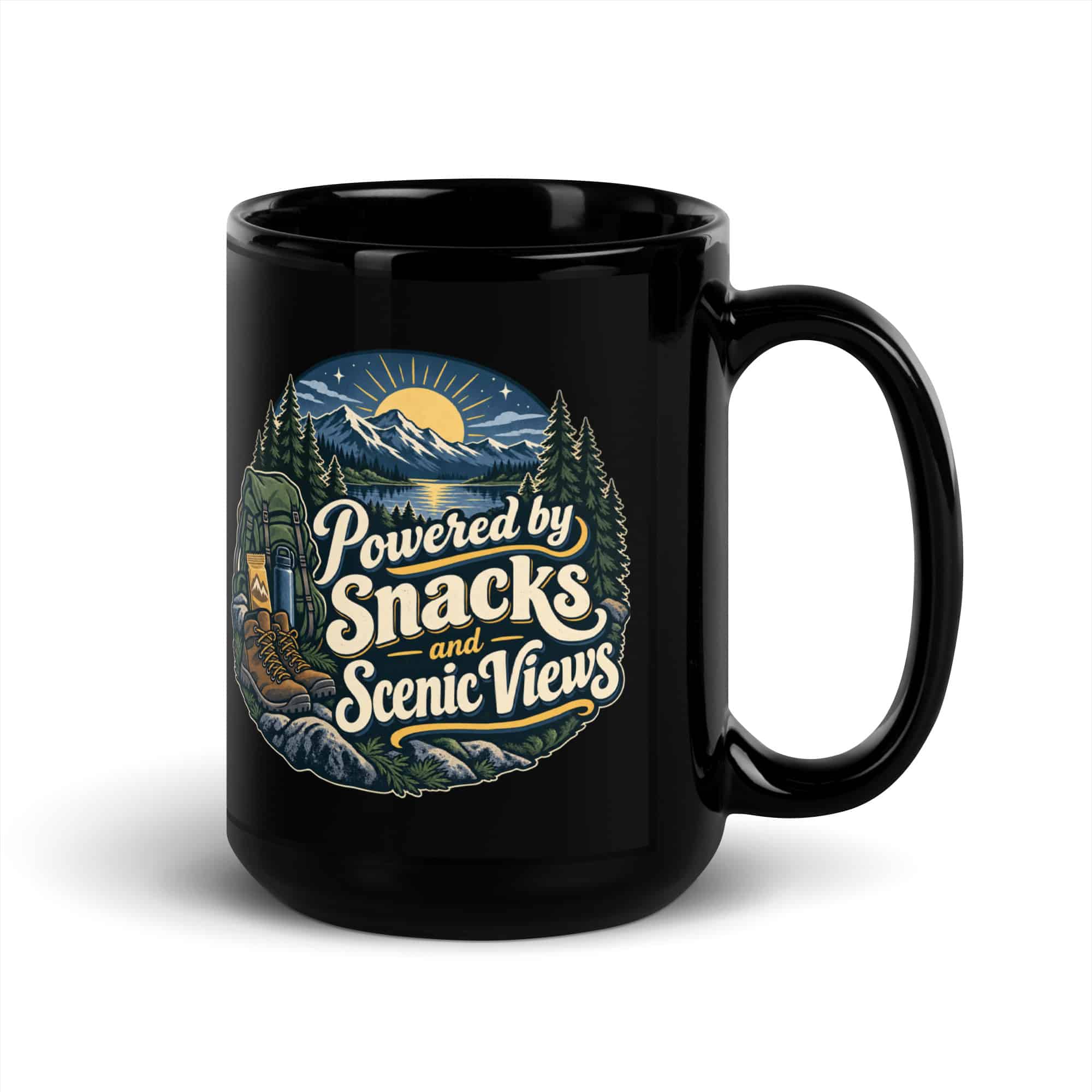 Nature and Adventure Black Coffee Mug: Powered by Snacks and Scenic Views, Woodland Scenic Lettering