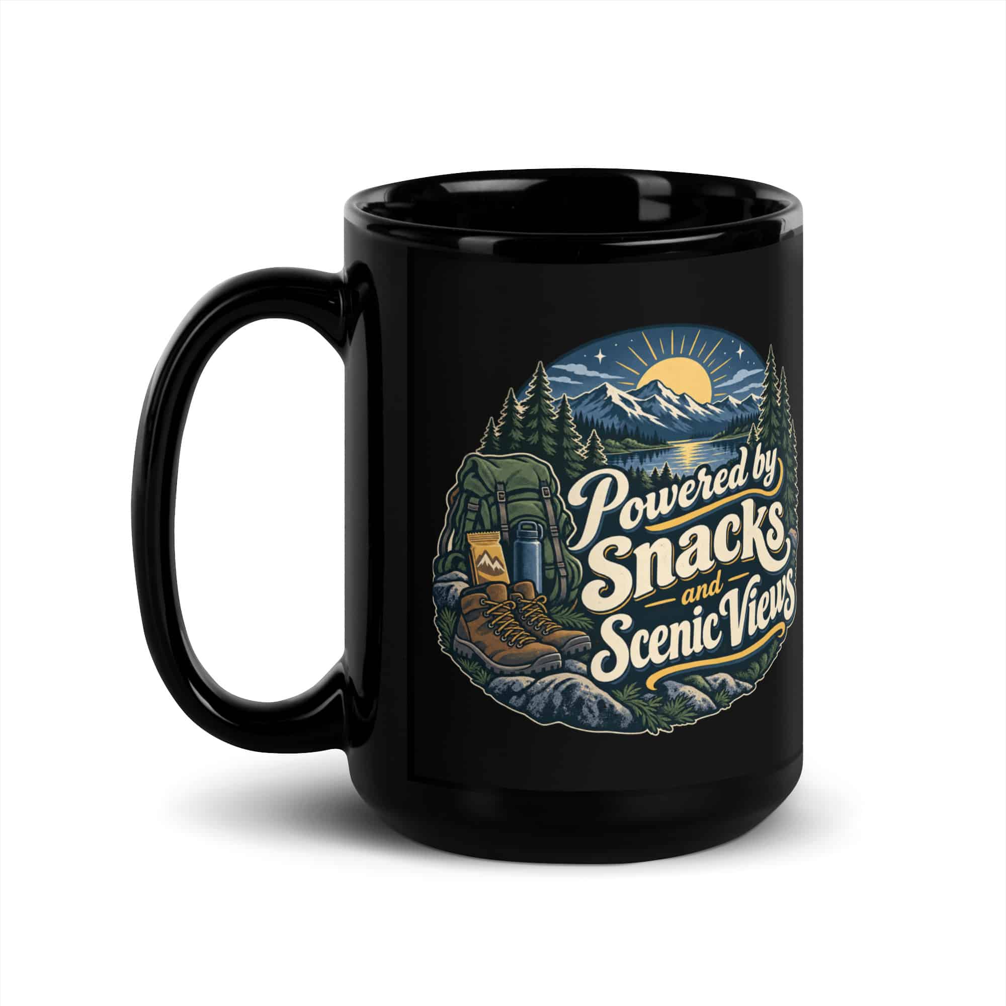 Nature and Adventure Black Coffee Mug: Powered by Snacks and Scenic Views, Woodland Scenic Lettering