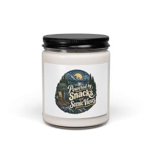 Nature and Adventure Soy Wax Candle: Powered by Snacks and Scenic Views, Woodland Scenic Lettering - 9oz - Main