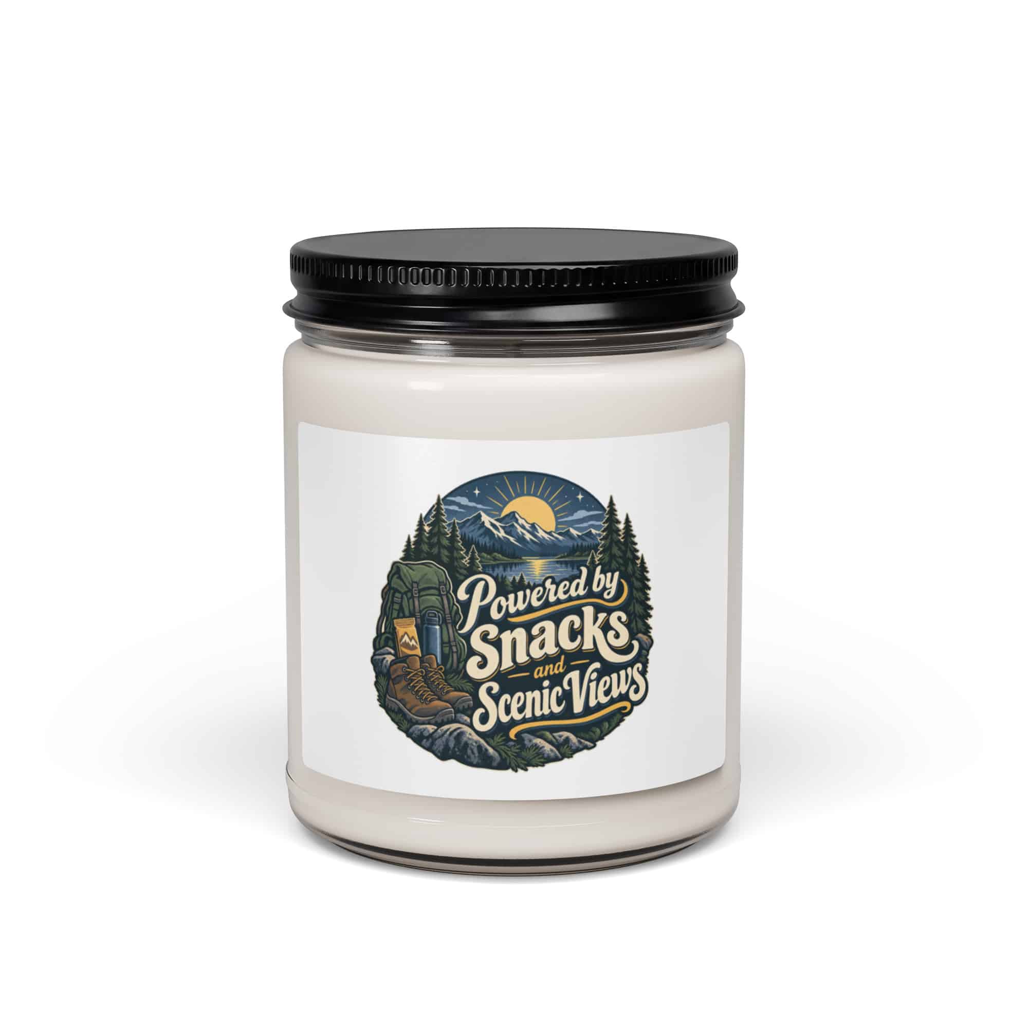 Nature and Adventure Soy Wax Candle: Powered by Snacks and Scenic Views, Woodland Scenic Lettering