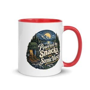 Nature and Adventure Color Inside Coffee Mug: Powered by Snacks and Scenic Views, Woodland Scenic Lettering - 11 oz - Main