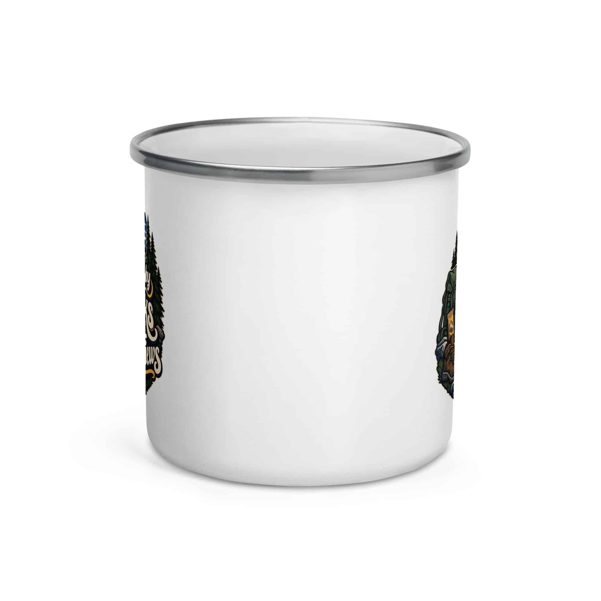 Nature and Adventure Enamel Camp Mug: Powered by Snacks and Scenic Views, Woodland Scenic Lettering