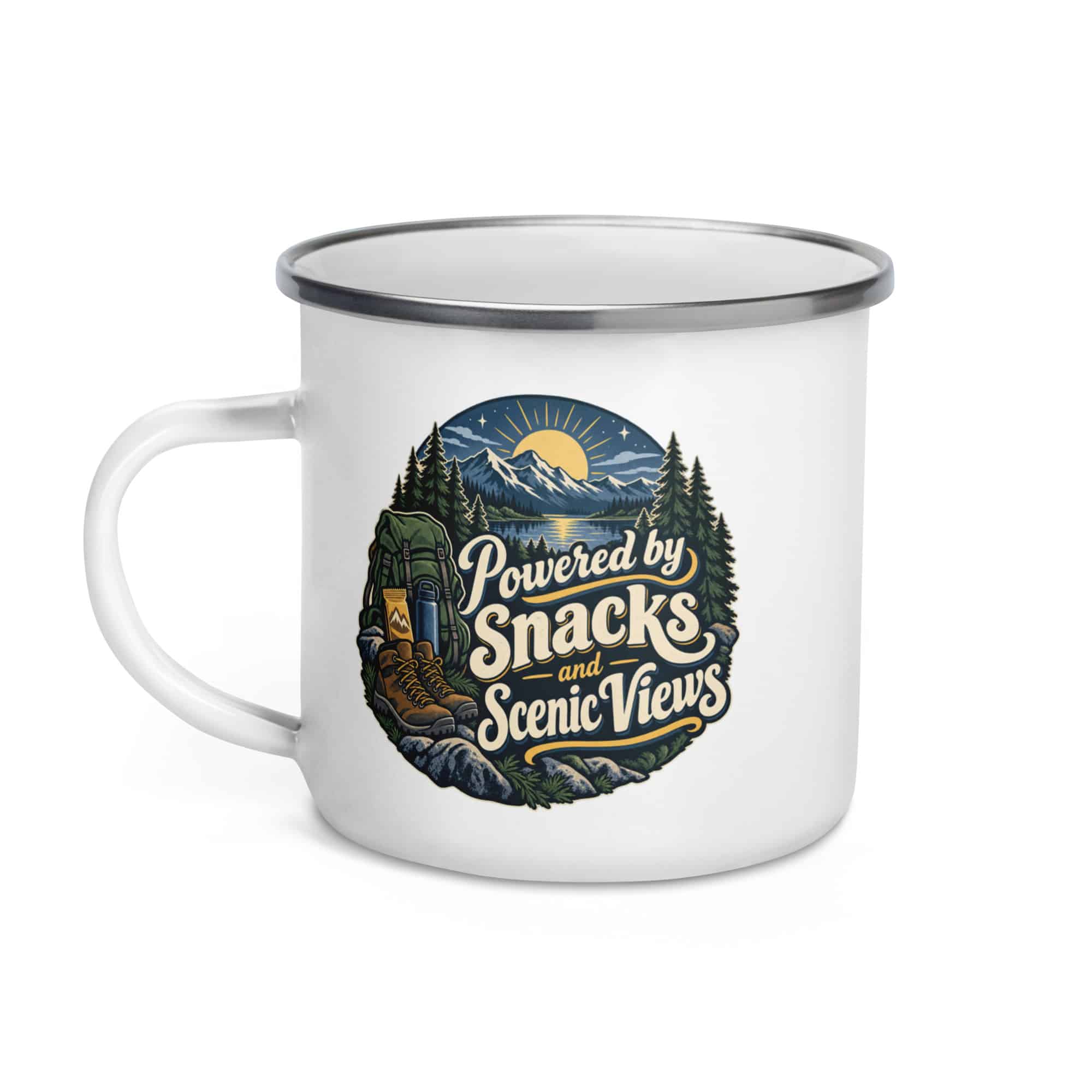 Nature and Adventure Enamel Camp Mug: Powered by Snacks and Scenic Views, Woodland Scenic Lettering