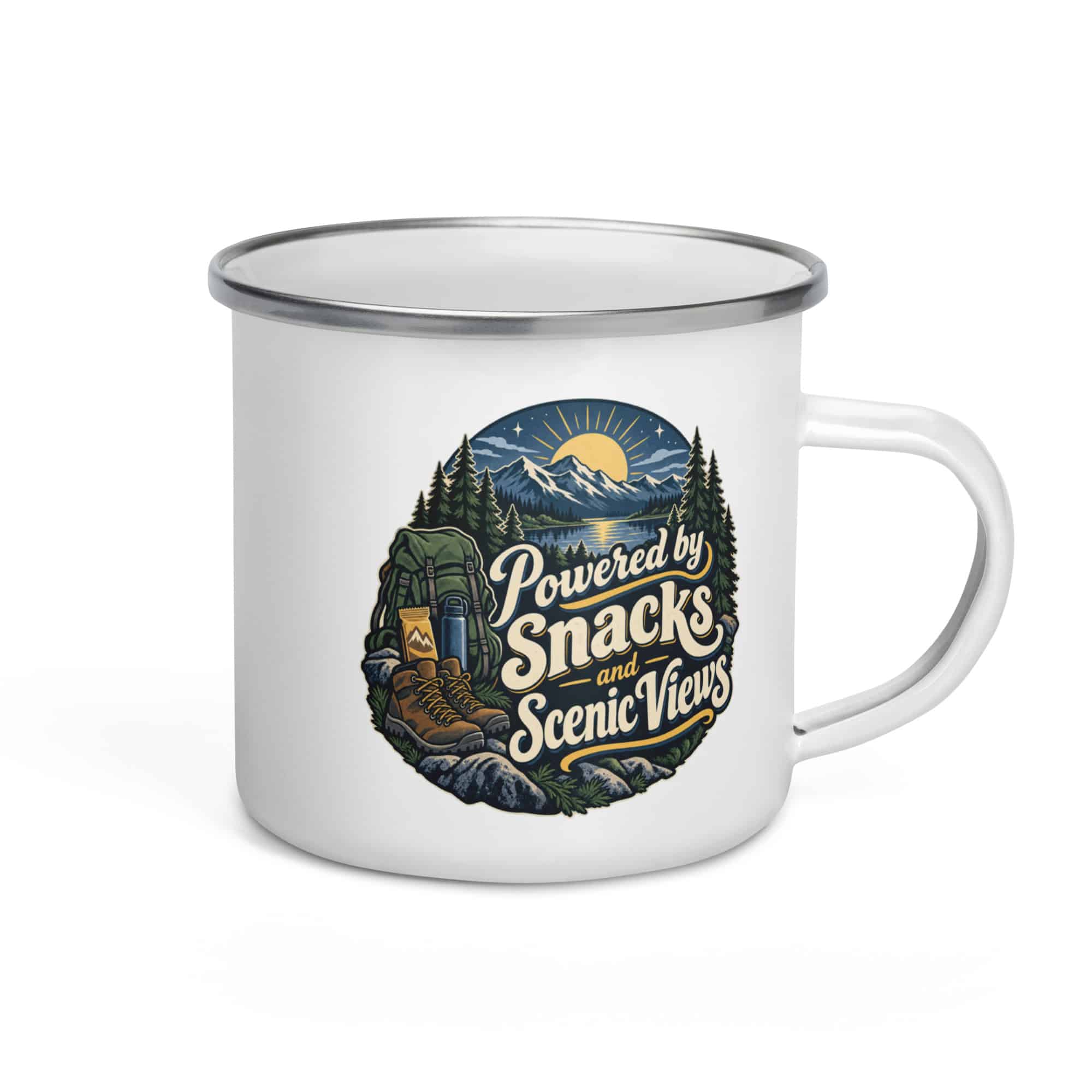 Nature and Adventure Enamel Camp Mug: Powered by Snacks and Scenic Views, Woodland Scenic Lettering