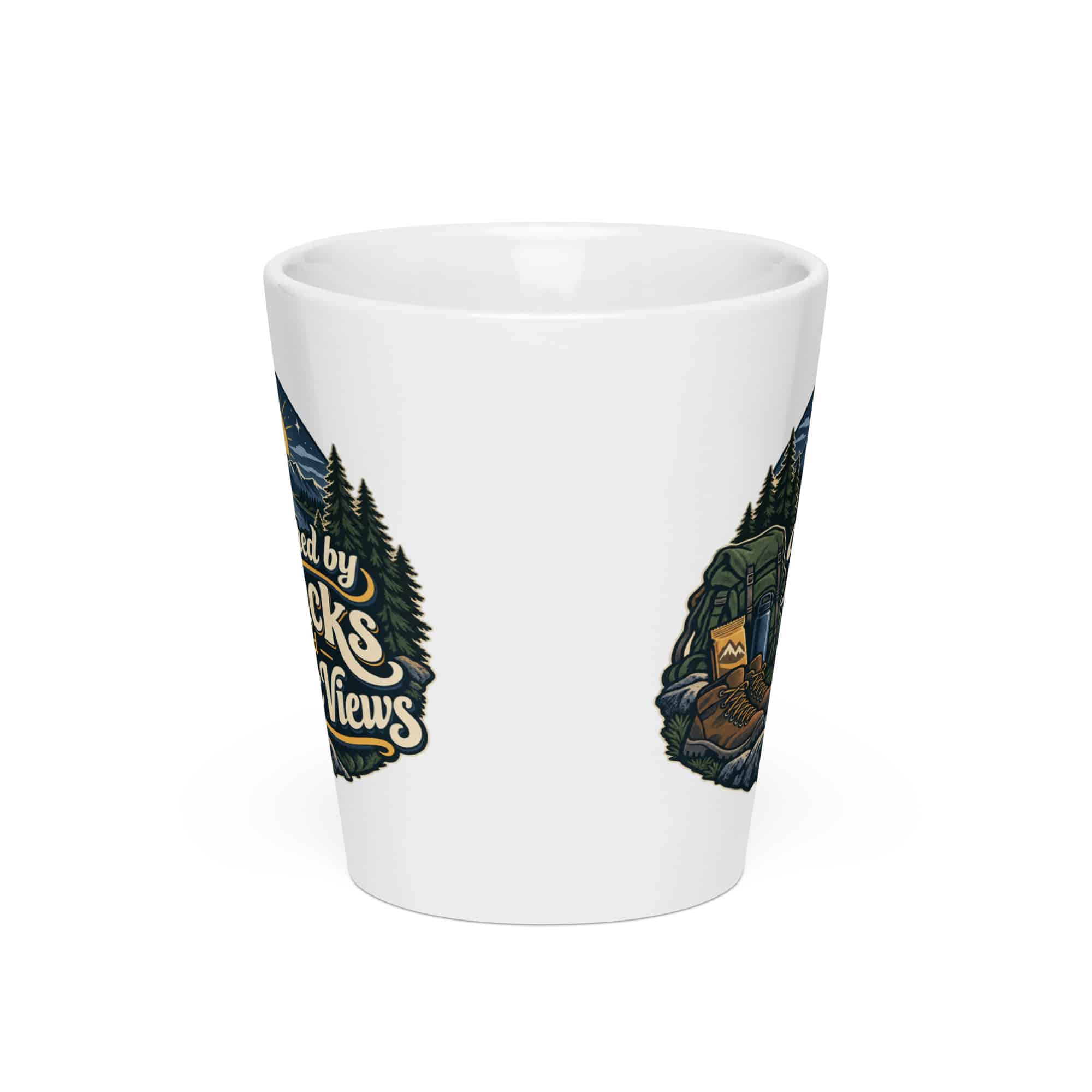 Nature and Adventure Latte Mug: Powered by Snacks and Scenic Views, Woodland Scenic Lettering