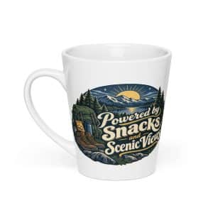 Nature and Adventure Latte Mug: Powered by Snacks and Scenic Views, Woodland Scenic Lettering - 12 oz - Main