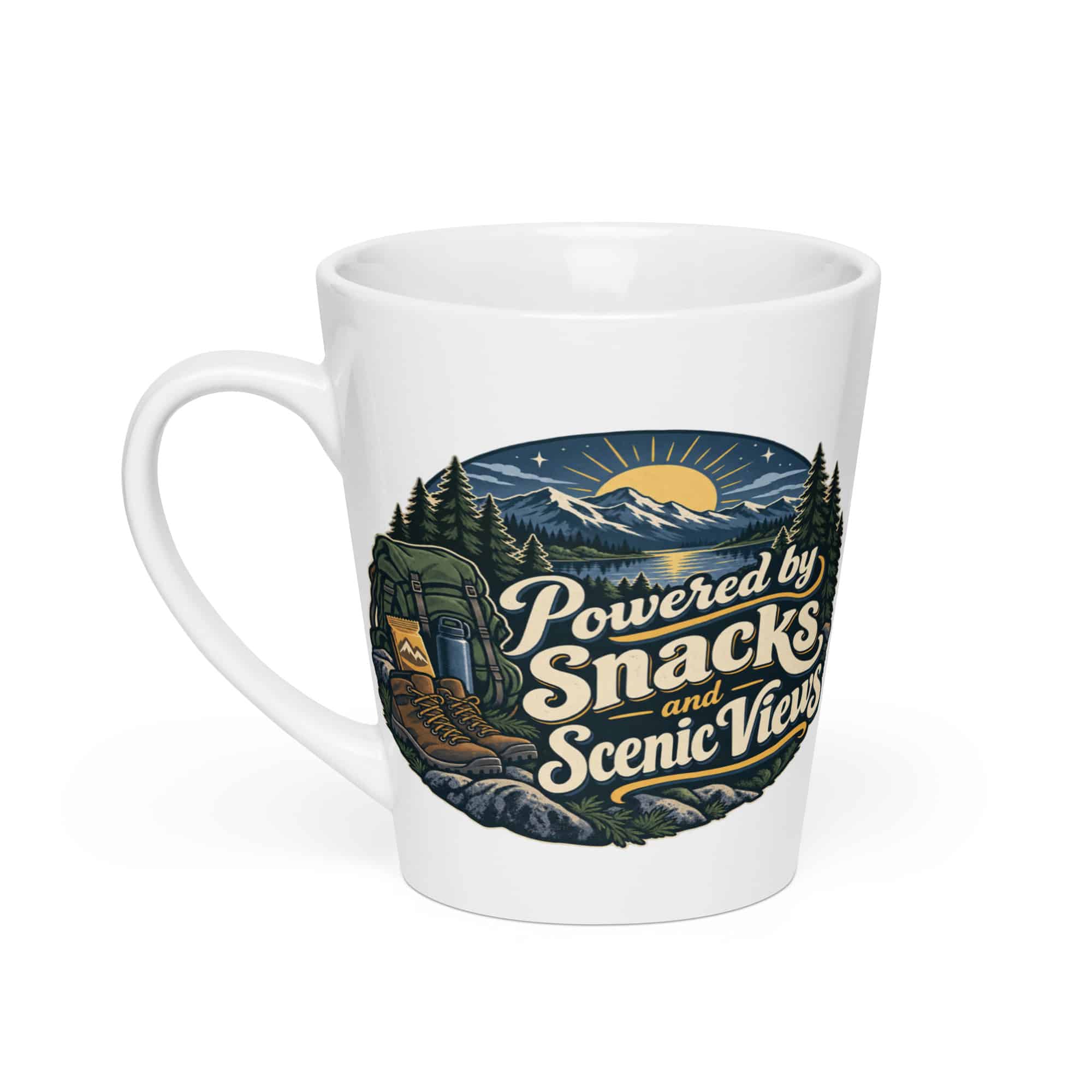 Nature and Adventure Latte Mug: Powered by Snacks and Scenic Views, Woodland Scenic Lettering
