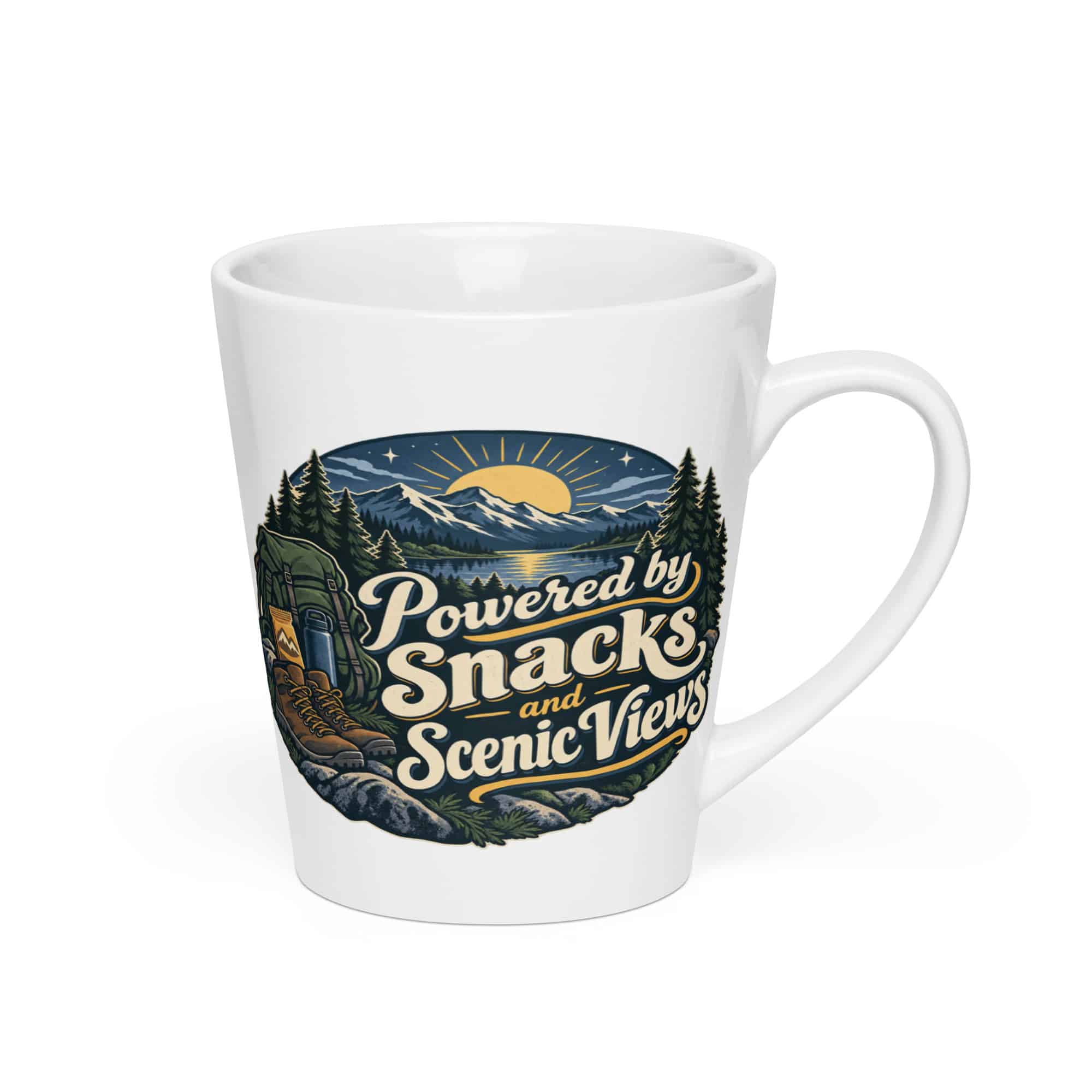 Nature and Adventure Latte Mug: Powered by Snacks and Scenic Views, Woodland Scenic Lettering