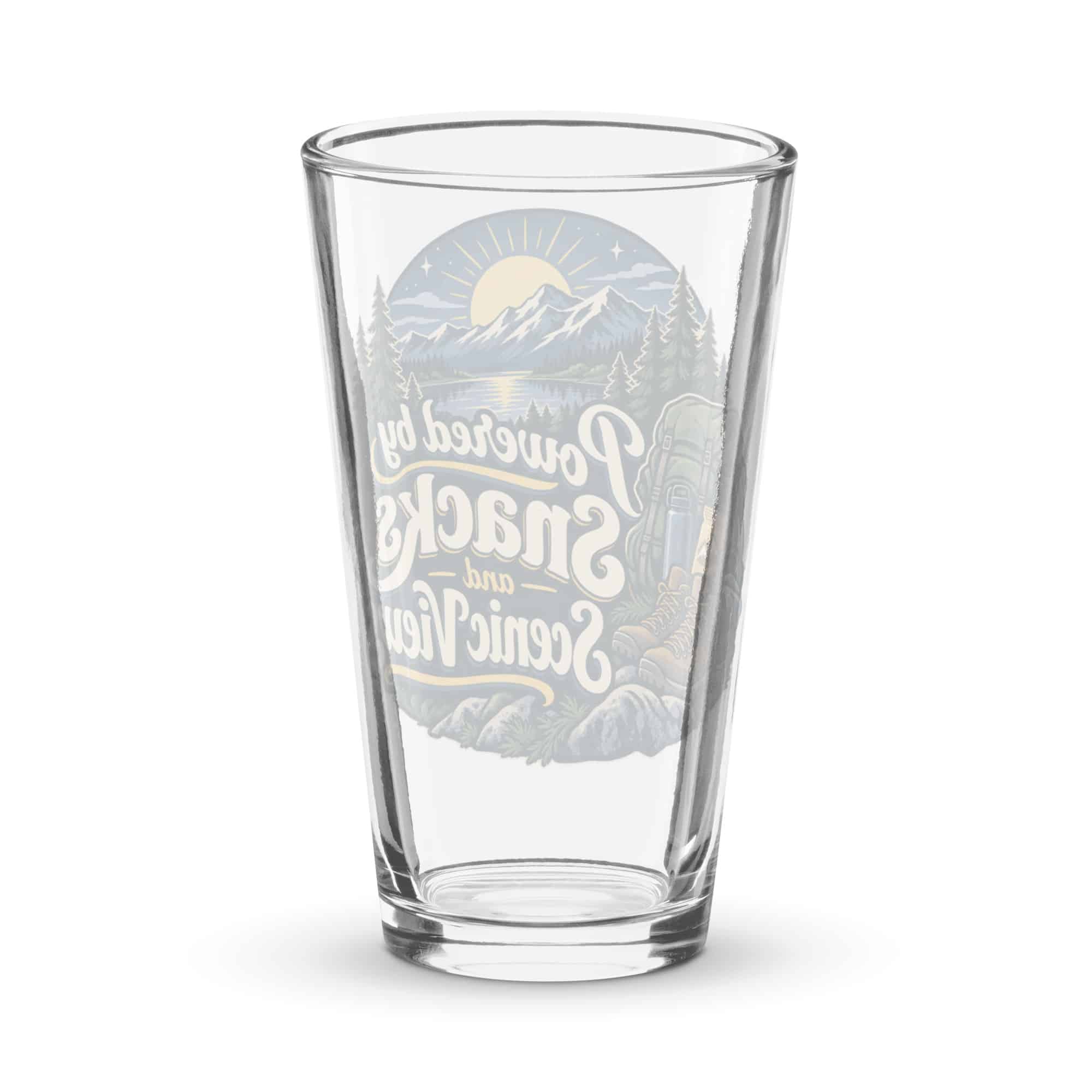 Nature and Adventure Pint Glass: Powered by Snacks and Scenic Views, Woodland Scenic Lettering
