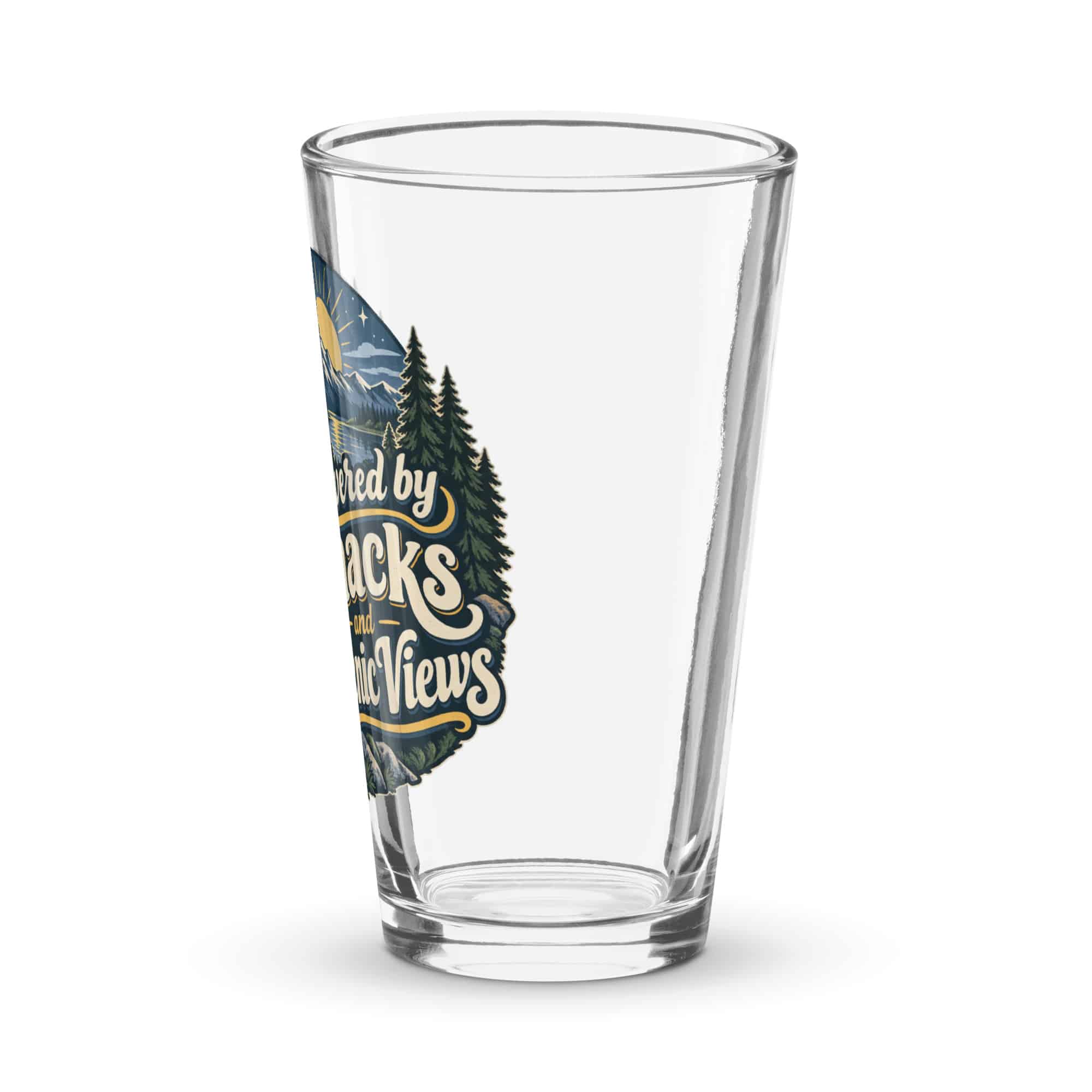 Nature and Adventure Pint Glass: Powered by Snacks and Scenic Views, Woodland Scenic Lettering