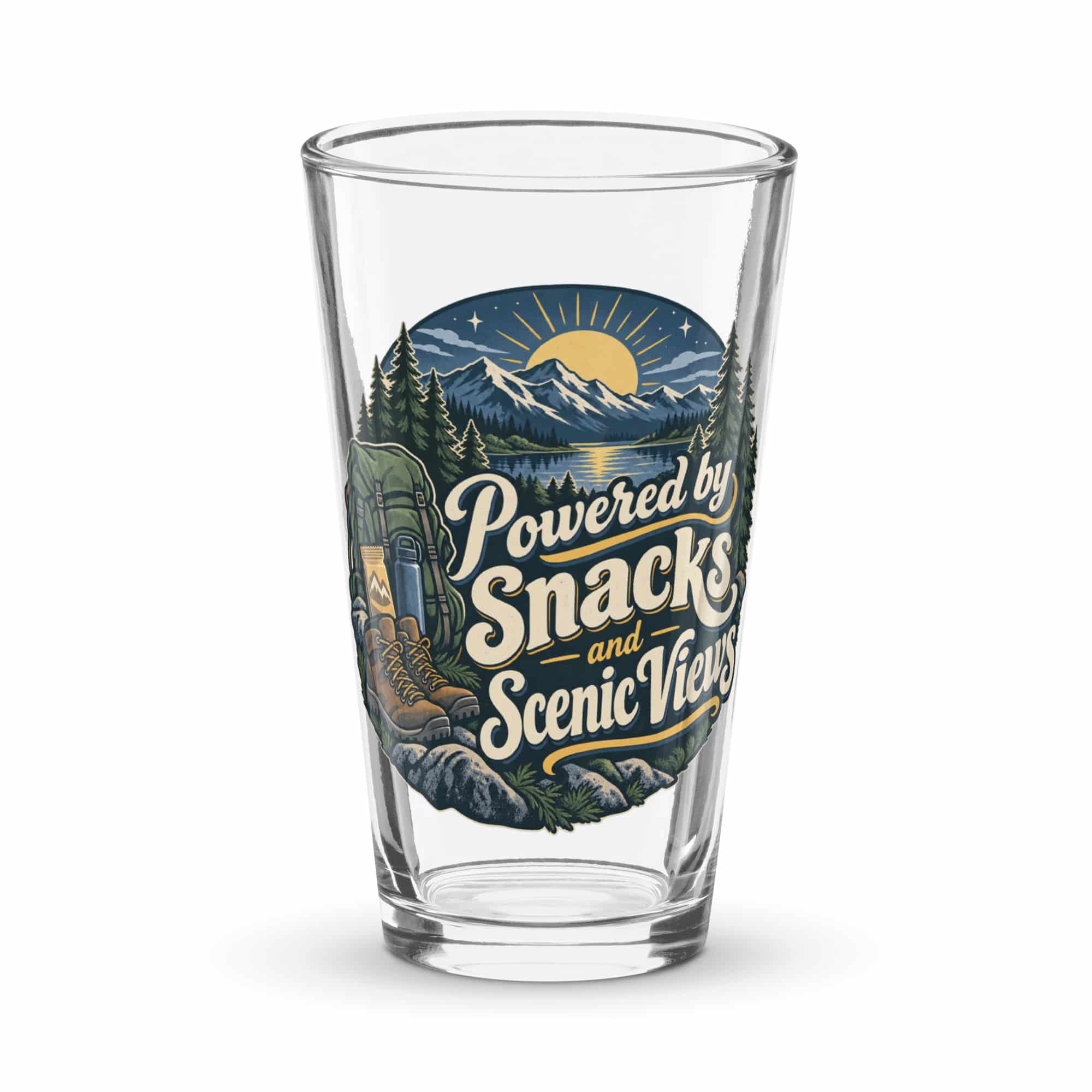 Nature and Adventure Pint Glass: Powered by Snacks and Scenic Views, Woodland Scenic Lettering