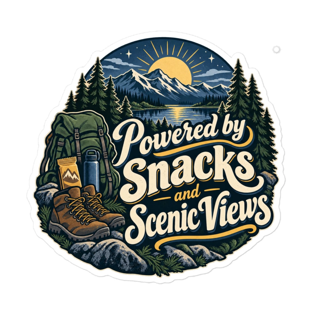 Nature and Adventure Vinyl Sticker: Powered by Snacks and Scenic Views, Woodland Scenic Lettering