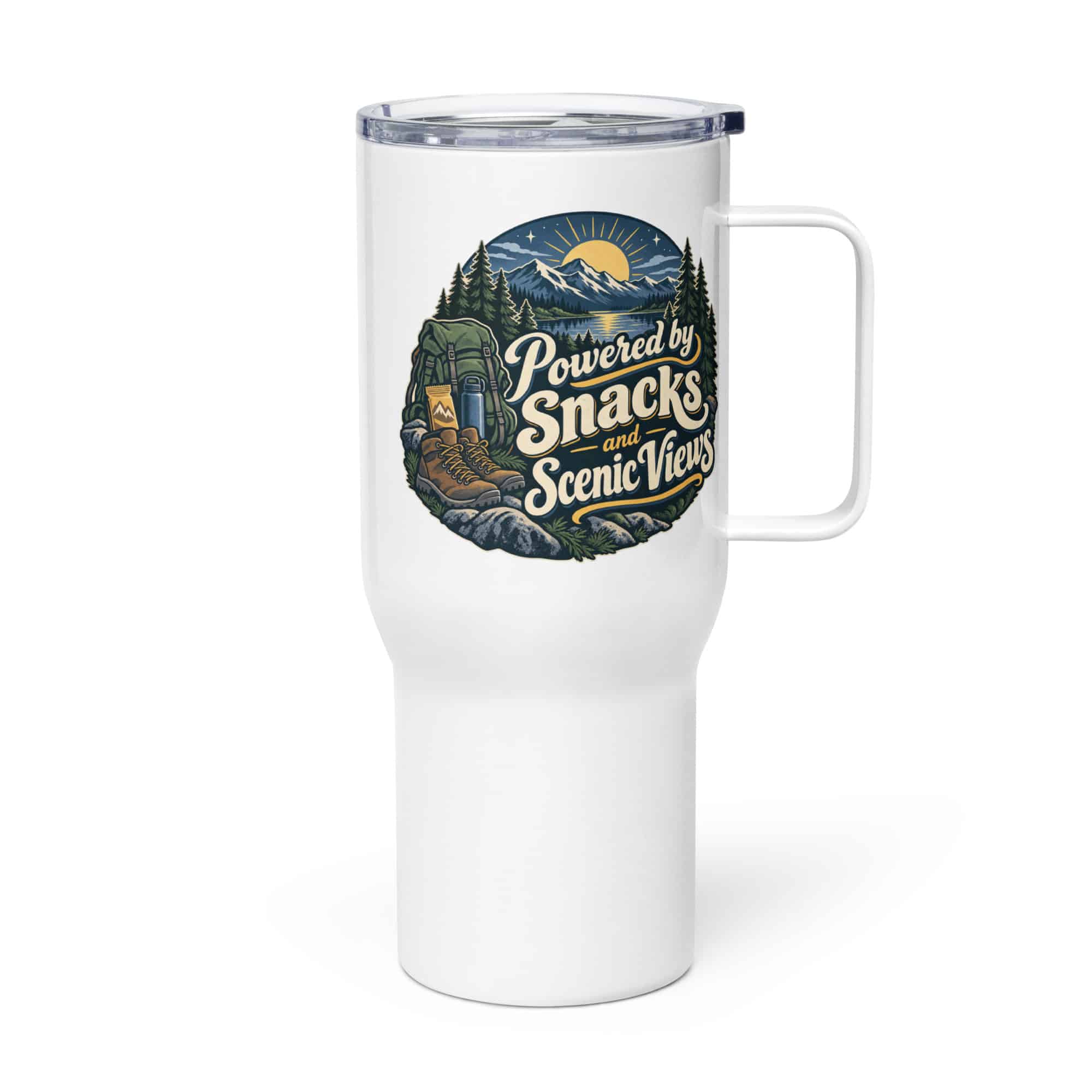 Nature and Adventure Travel Mug: Powered by Snacks and Scenic Views, Woodland Scenic Lettering