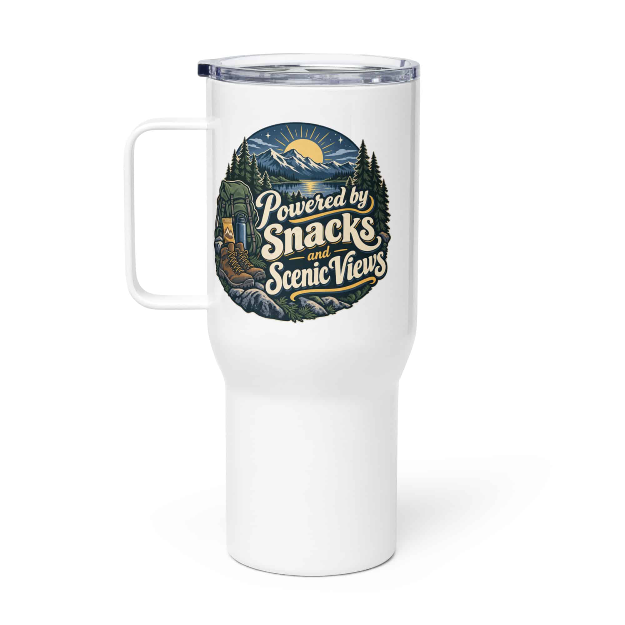 Nature and Adventure Travel Mug: Powered by Snacks and Scenic Views, Woodland Scenic Lettering