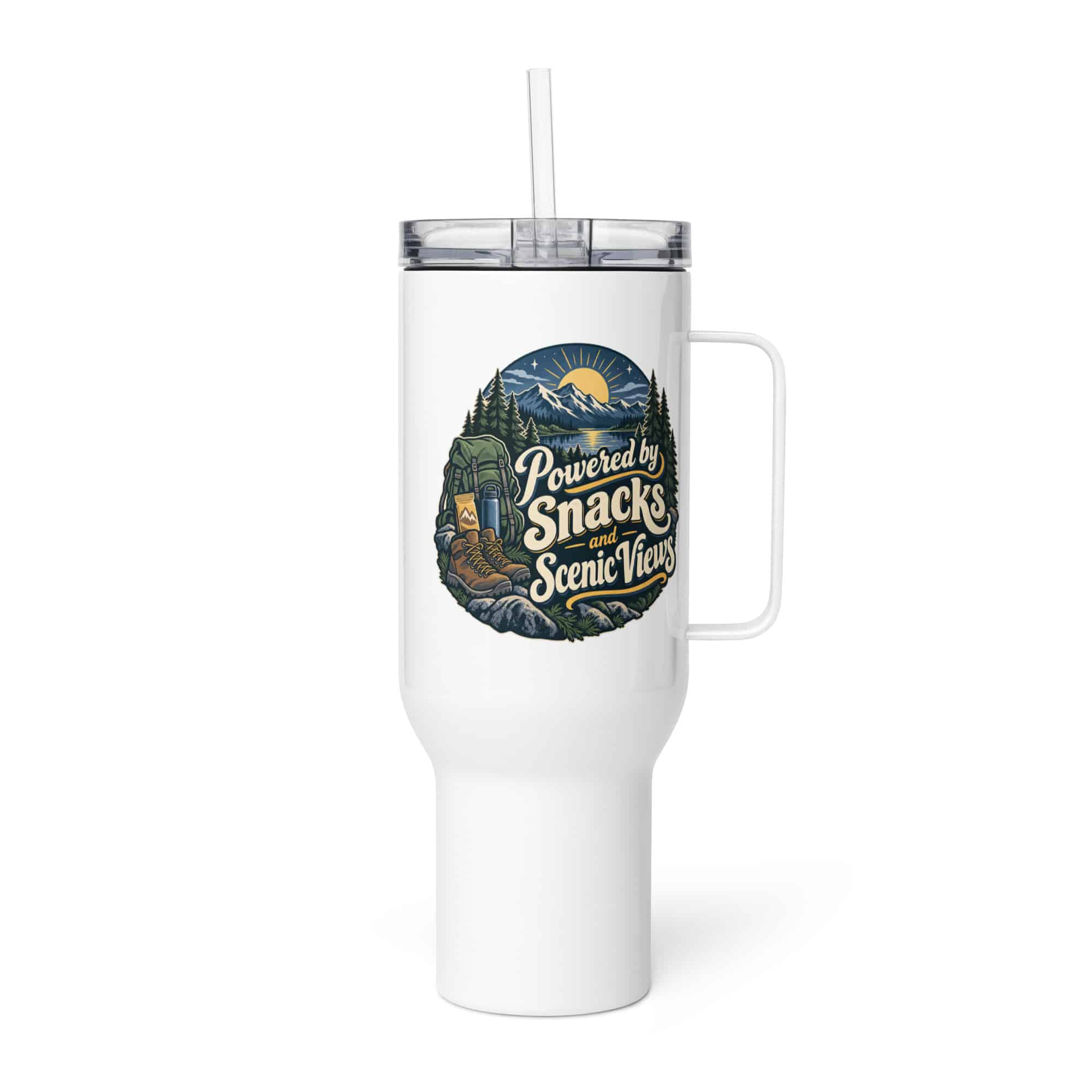 Nature and Adventure Travel Mug: Powered by Snacks and Scenic Views, Woodland Scenic Lettering