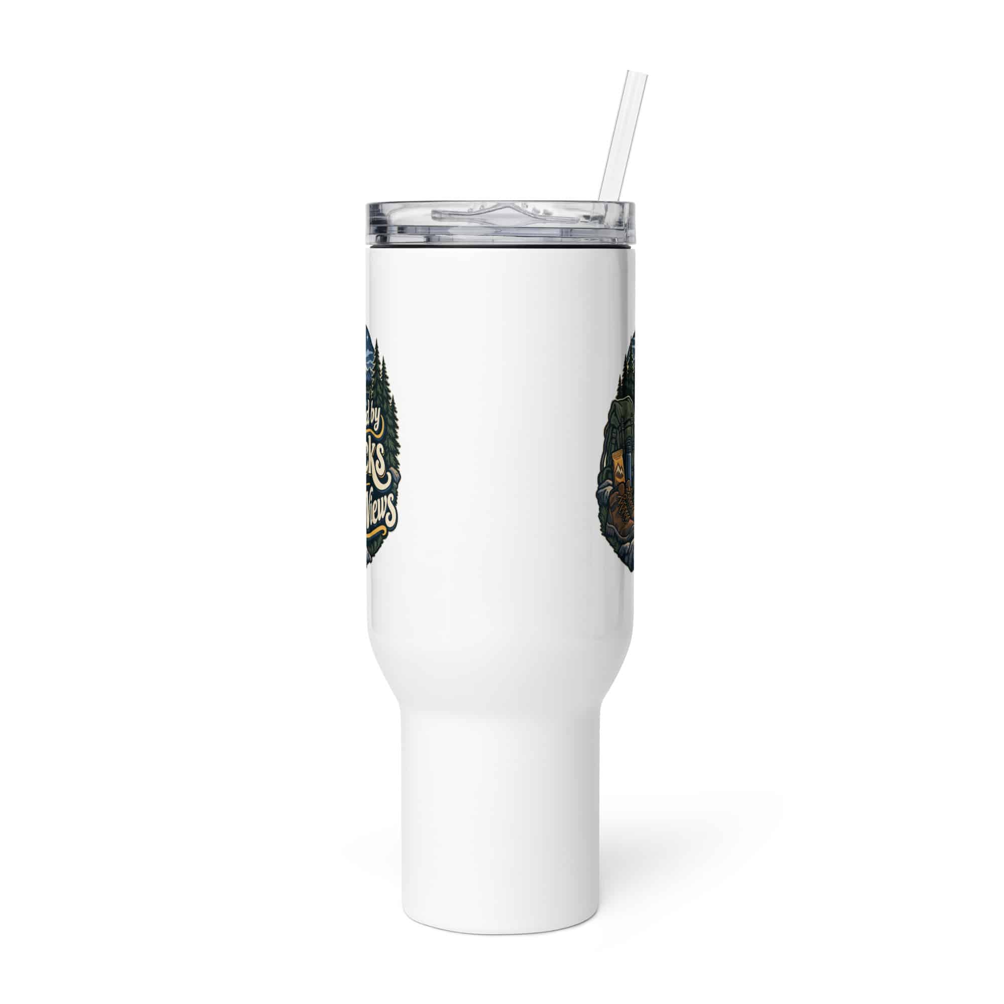 Nature and Adventure Travel Mug: Powered by Snacks and Scenic Views, Woodland Scenic Lettering