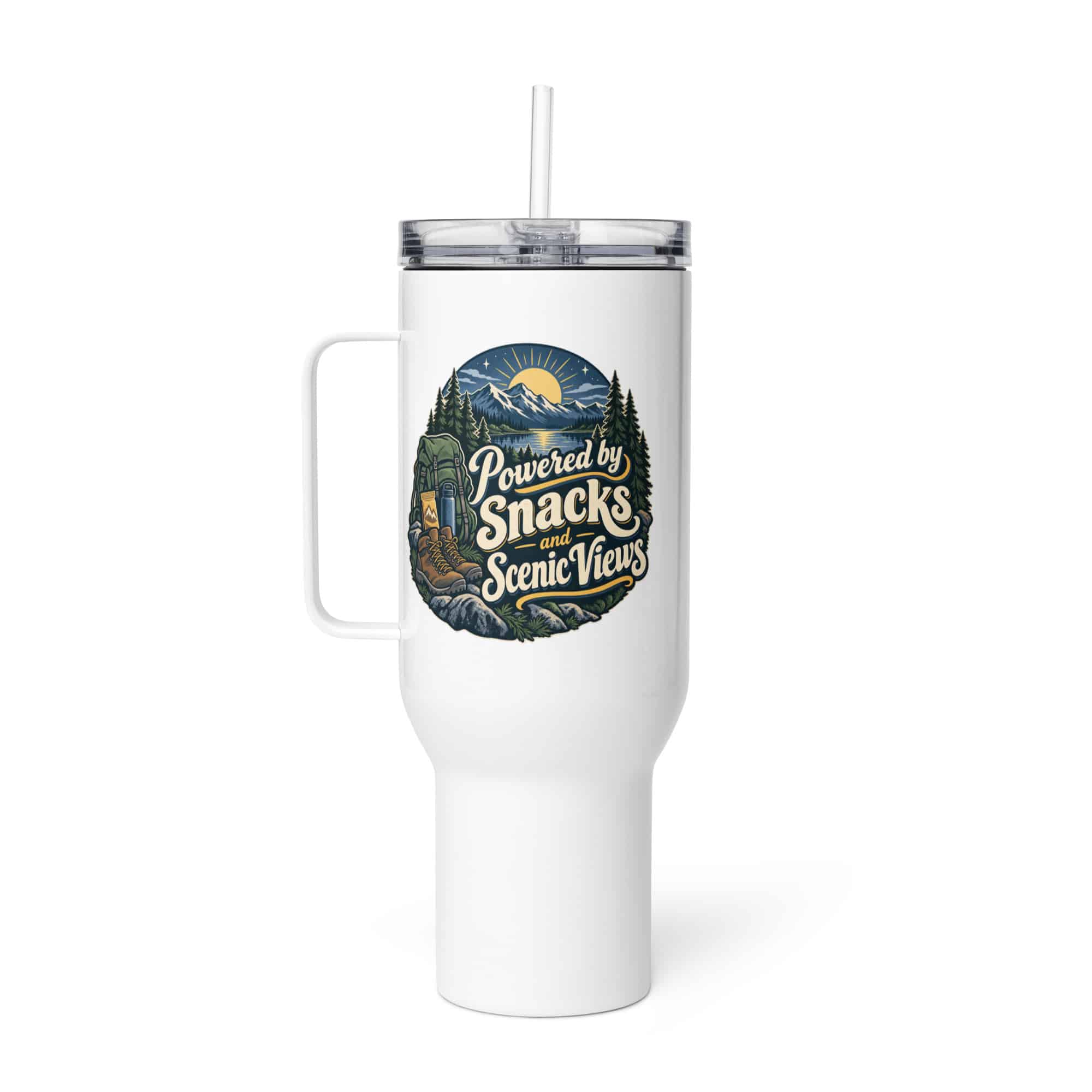 Nature and Adventure Travel Mug: Powered by Snacks and Scenic Views, Woodland Scenic Lettering