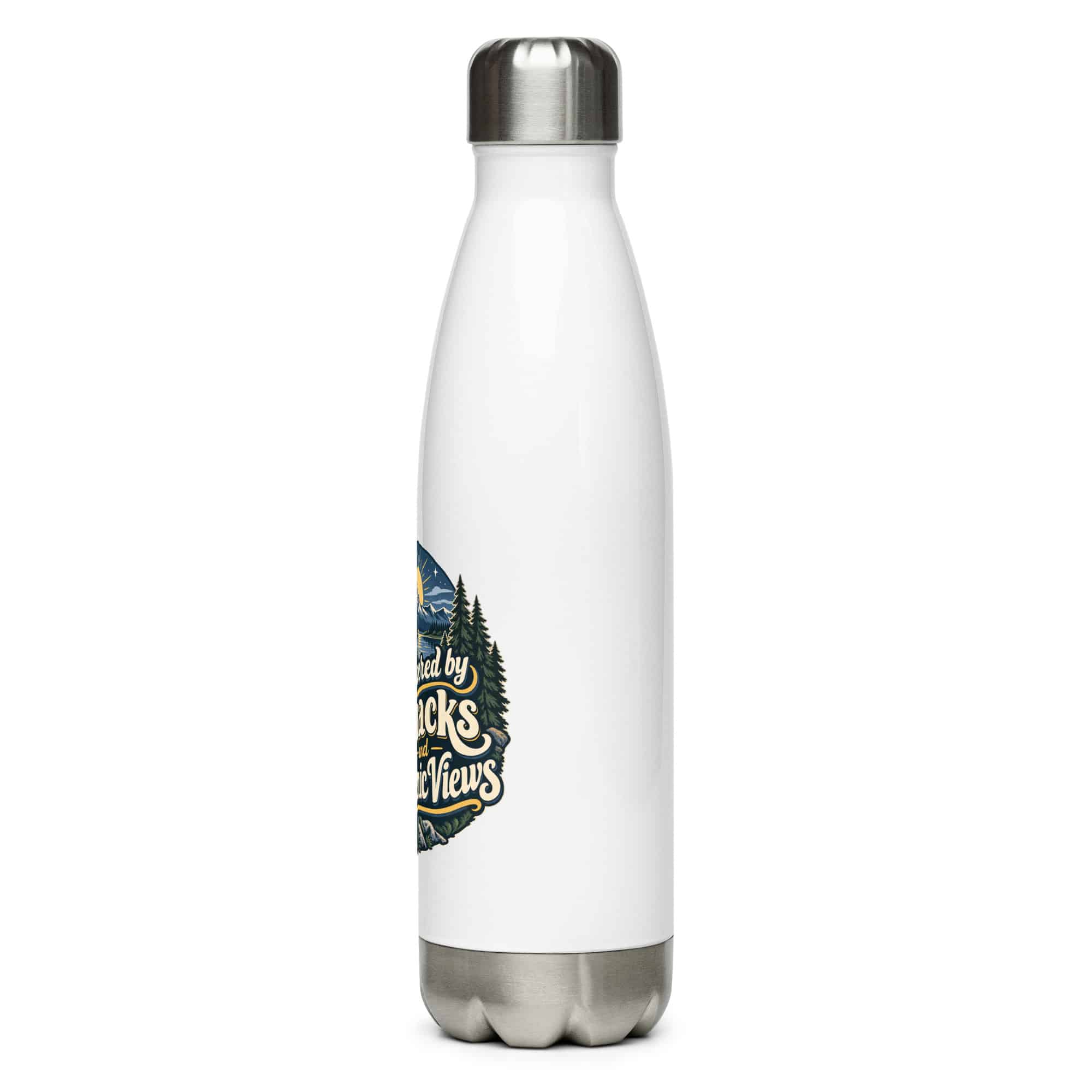 Nature and Adventure Stainless Steel Water Bottle: Powered by Snacks and Scenic Views, Woodland Scenic Lettering