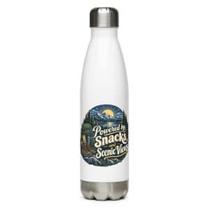 Nature and Adventure Stainless Steel Water Bottle: Powered by Snacks and Scenic Views, Woodland Scenic Lettering - 17 oz - Main