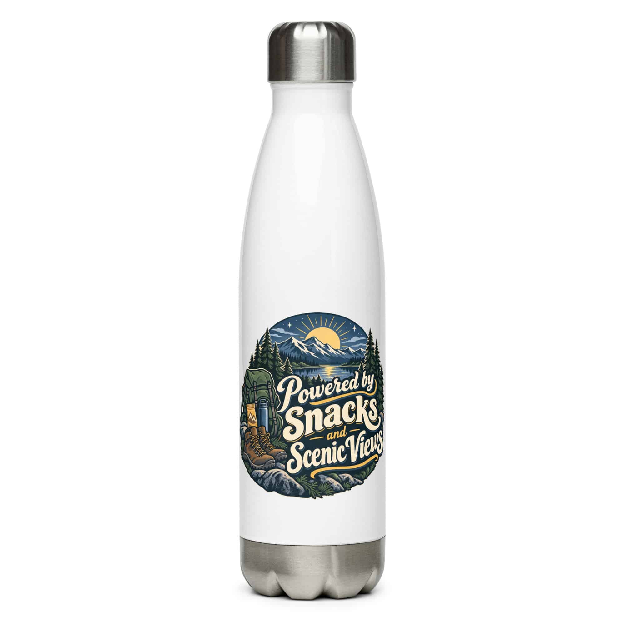 Nature and Adventure Stainless Steel Water Bottle: Powered by Snacks and Scenic Views, Woodland Scenic Lettering