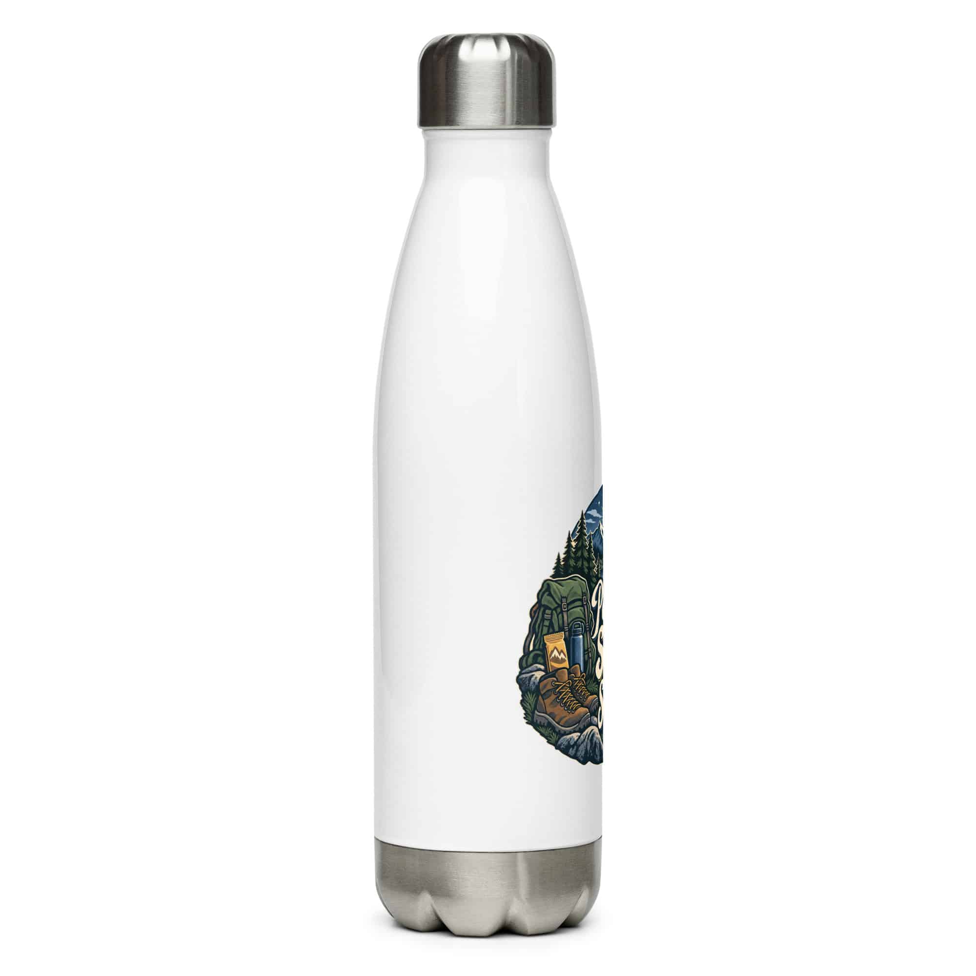 Nature and Adventure Stainless Steel Water Bottle: Powered by Snacks and Scenic Views, Woodland Scenic Lettering