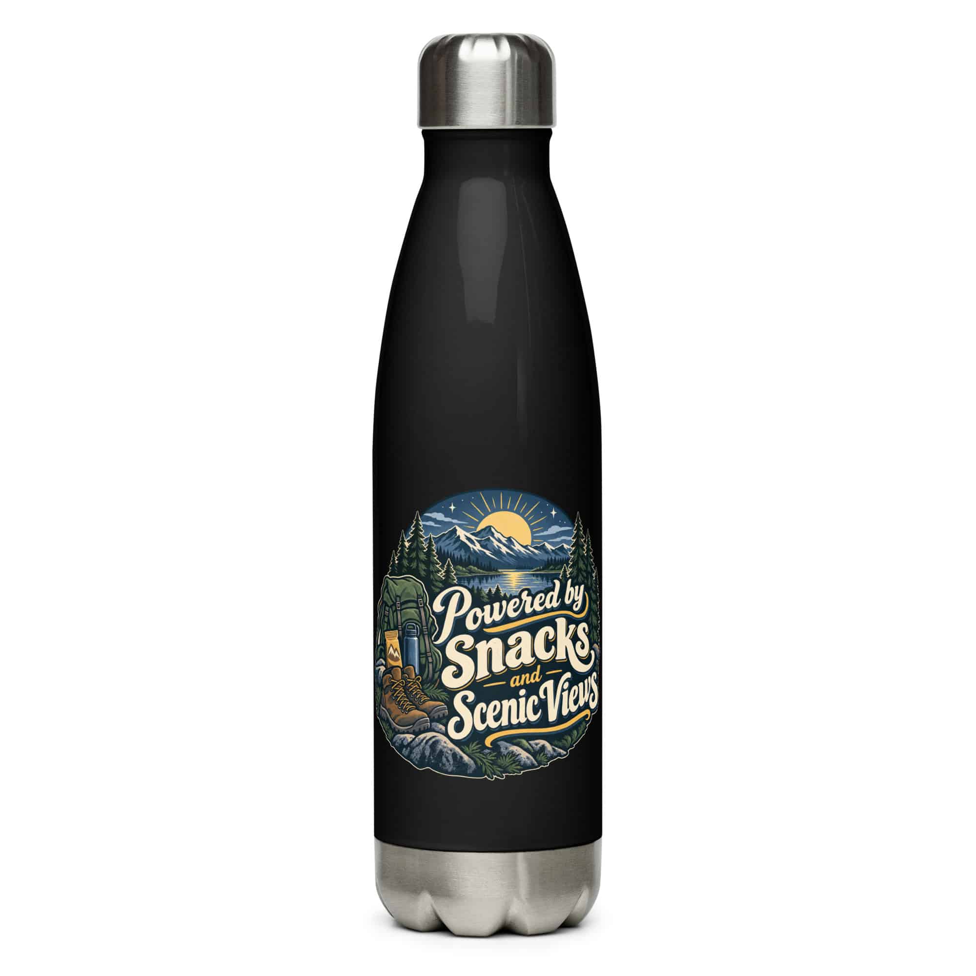 Nature and Adventure Stainless Steel Water Bottle: Powered by Snacks and Scenic Views, Woodland Scenic Lettering