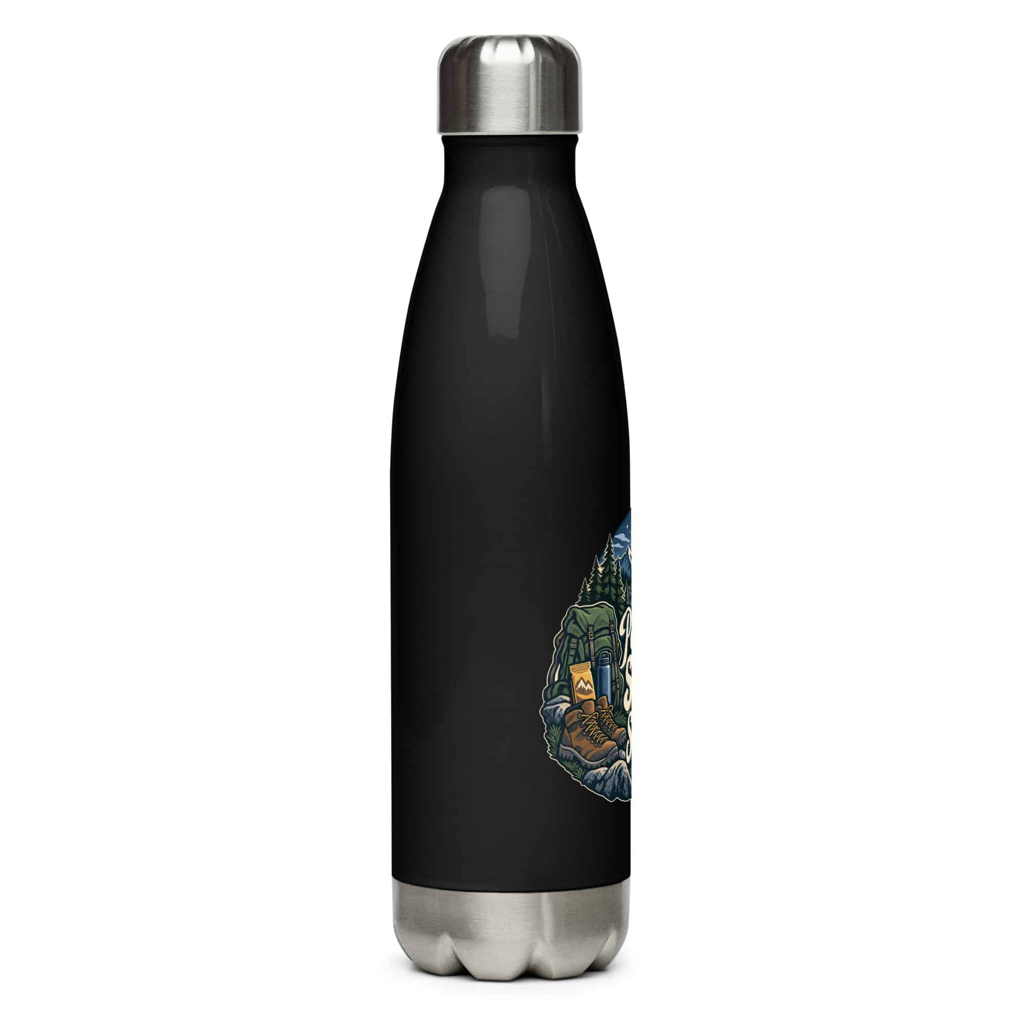Nature and Adventure Stainless Steel Water Bottle: Powered by Snacks and Scenic Views, Woodland Scenic Lettering