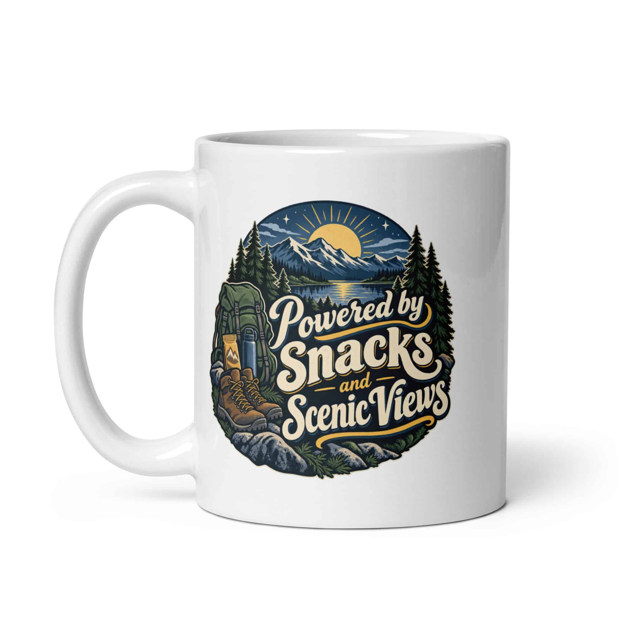 Nature and Adventure White Ceramic Coffee Mug: Powered by Snacks and Scenic Views, Woodland Scenic Lettering