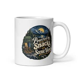 Nature and Adventure White Ceramic Coffee Mug: Powered by Snacks and Scenic Views, Woodland Scenic Lettering - 11 oz - Main