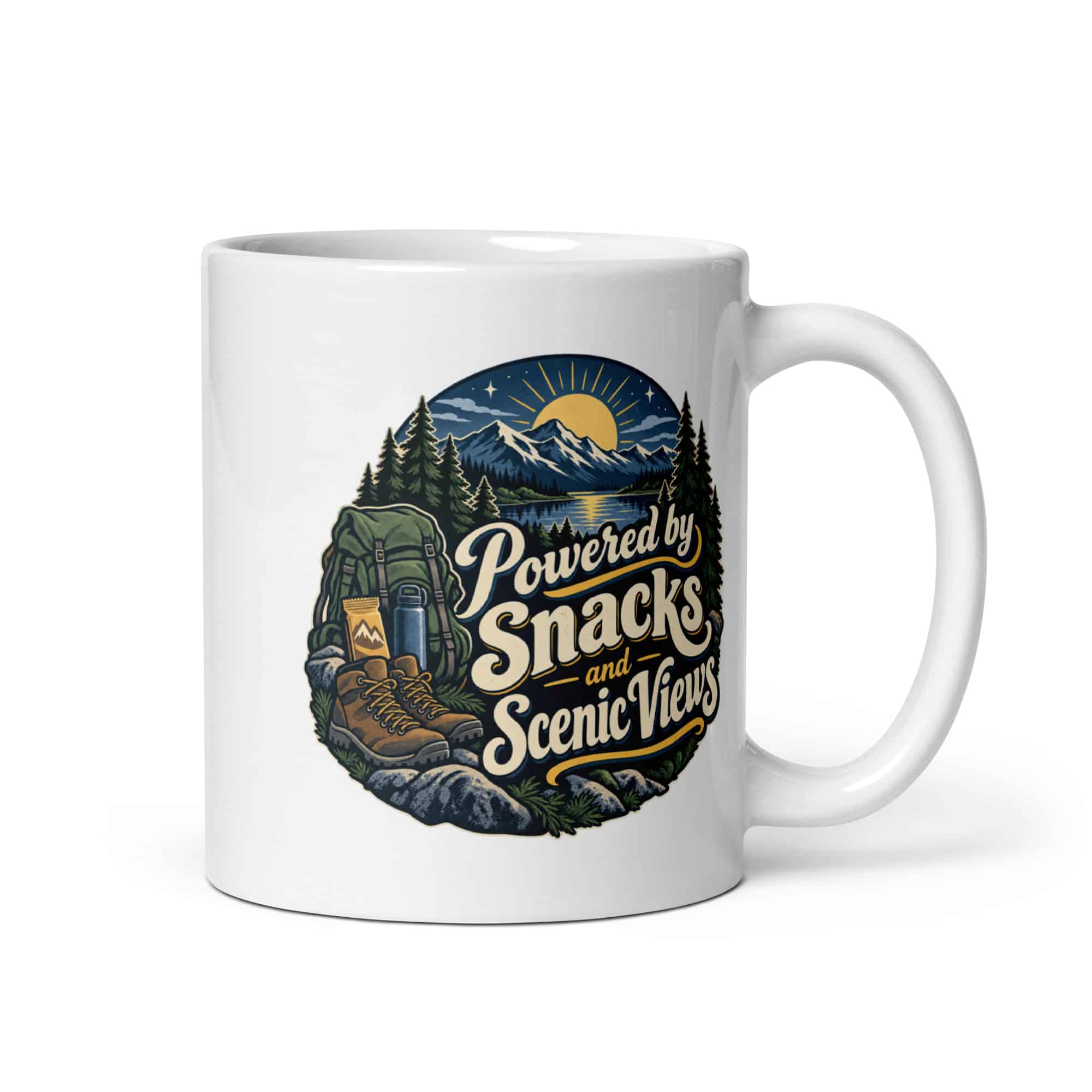Nature and Adventure White Ceramic Coffee Mug: Powered by Snacks and Scenic Views, Woodland Scenic Lettering