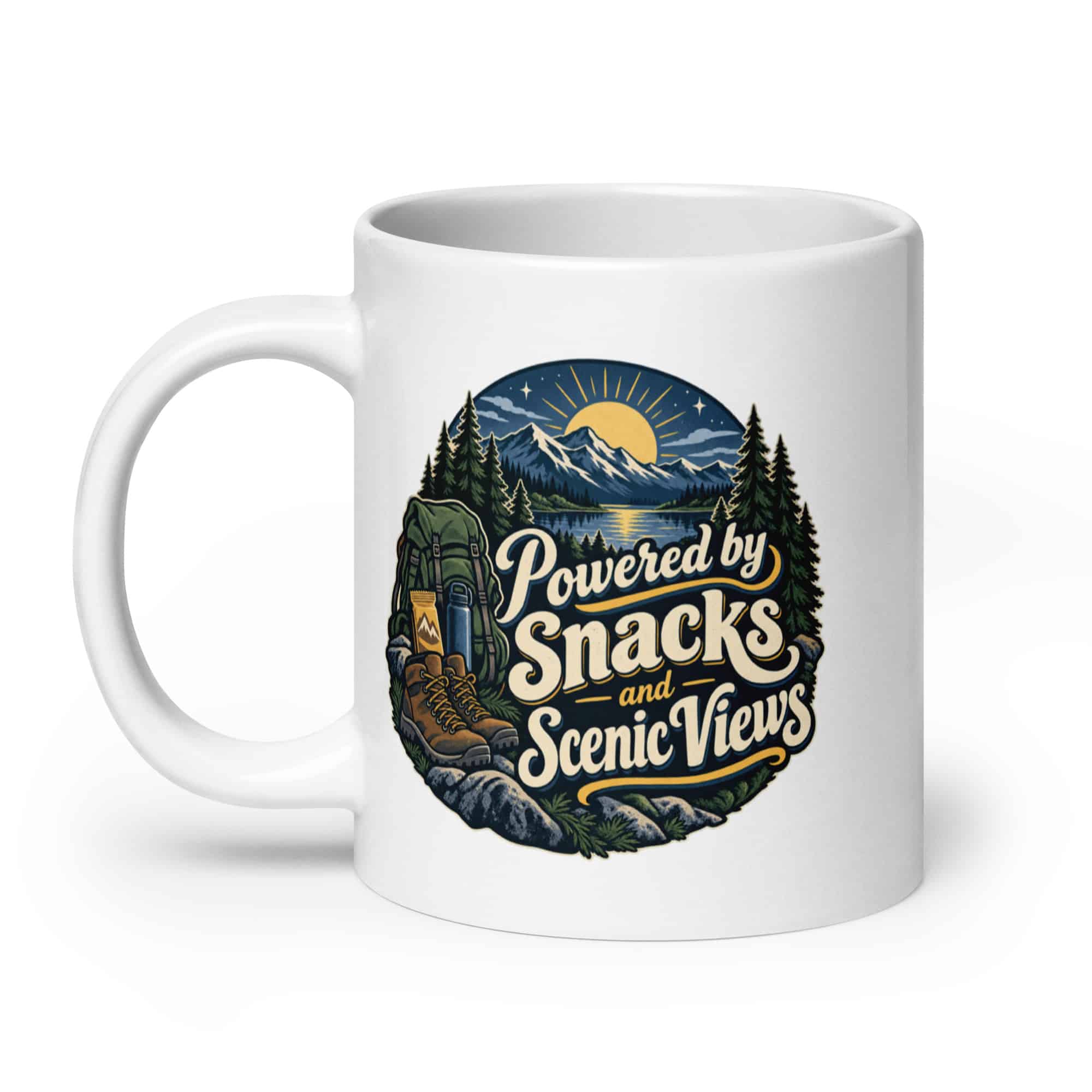 Nature and Adventure White Ceramic Coffee Mug: Powered by Snacks and Scenic Views, Woodland Scenic Lettering