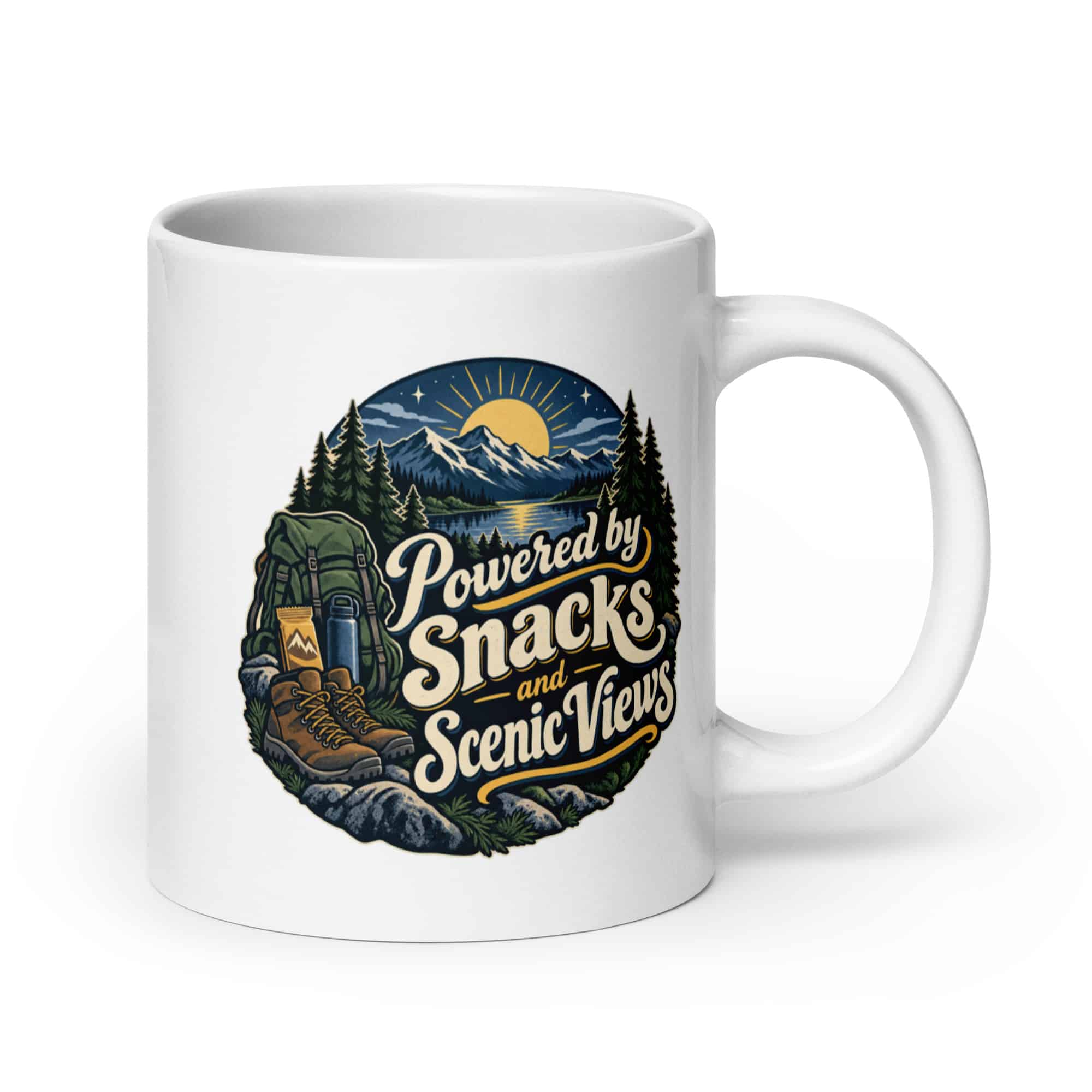Nature and Adventure White Ceramic Coffee Mug: Powered by Snacks and Scenic Views, Woodland Scenic Lettering