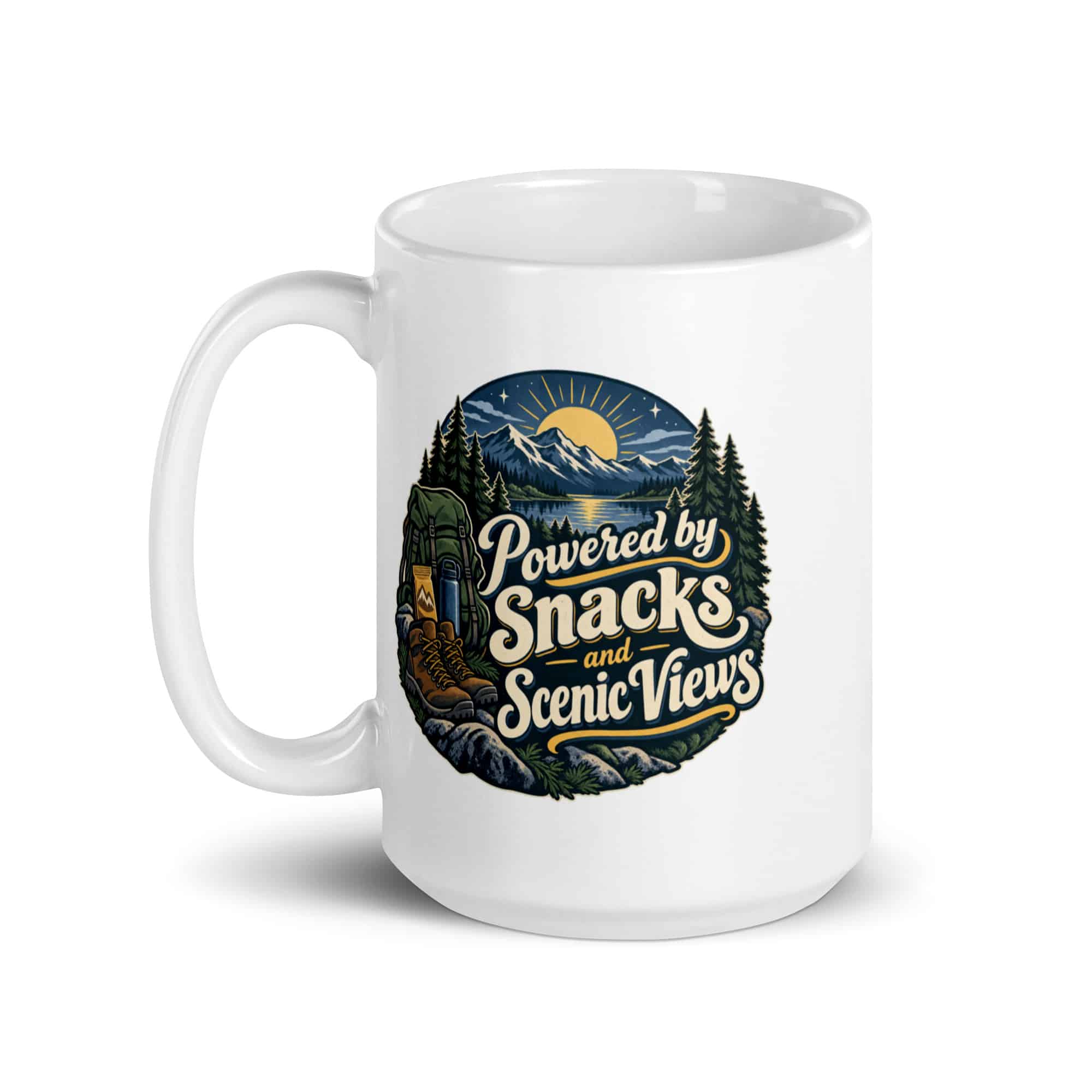 Nature and Adventure White Ceramic Coffee Mug: Powered by Snacks and Scenic Views, Woodland Scenic Lettering