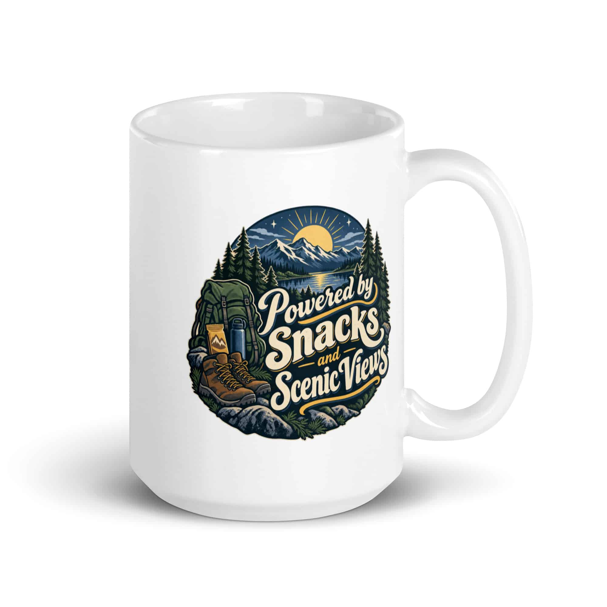 Nature and Adventure White Ceramic Coffee Mug: Powered by Snacks and Scenic Views, Woodland Scenic Lettering