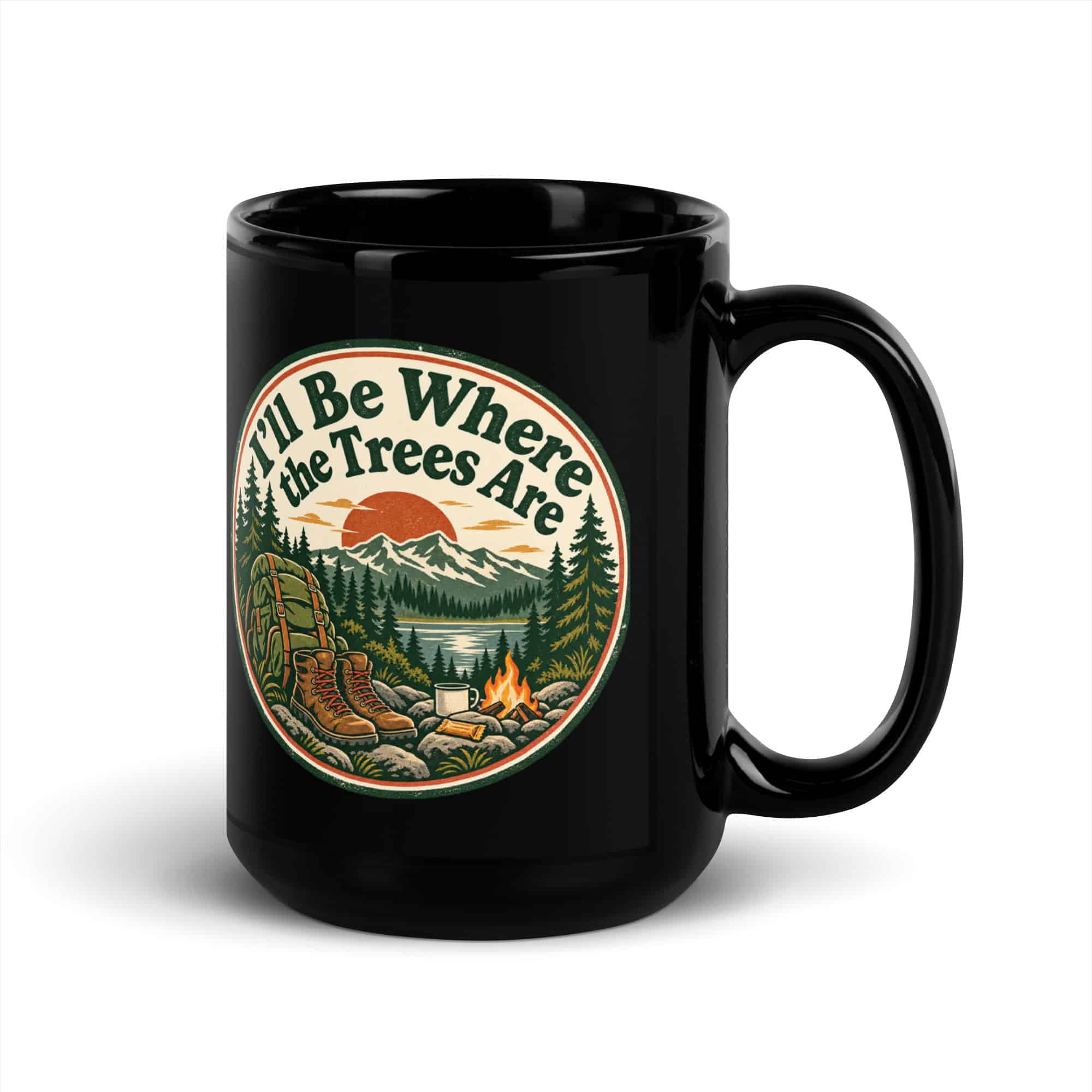 Nature and Adventure Black Coffee Mug: I'll Be Where the Trees Are, Vintage Round Badge