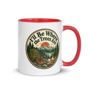 Nature and Adventure Color Inside Coffee Mug: I'll Be Where the Trees Are, Vintage Round Badge - 11 oz - Main
