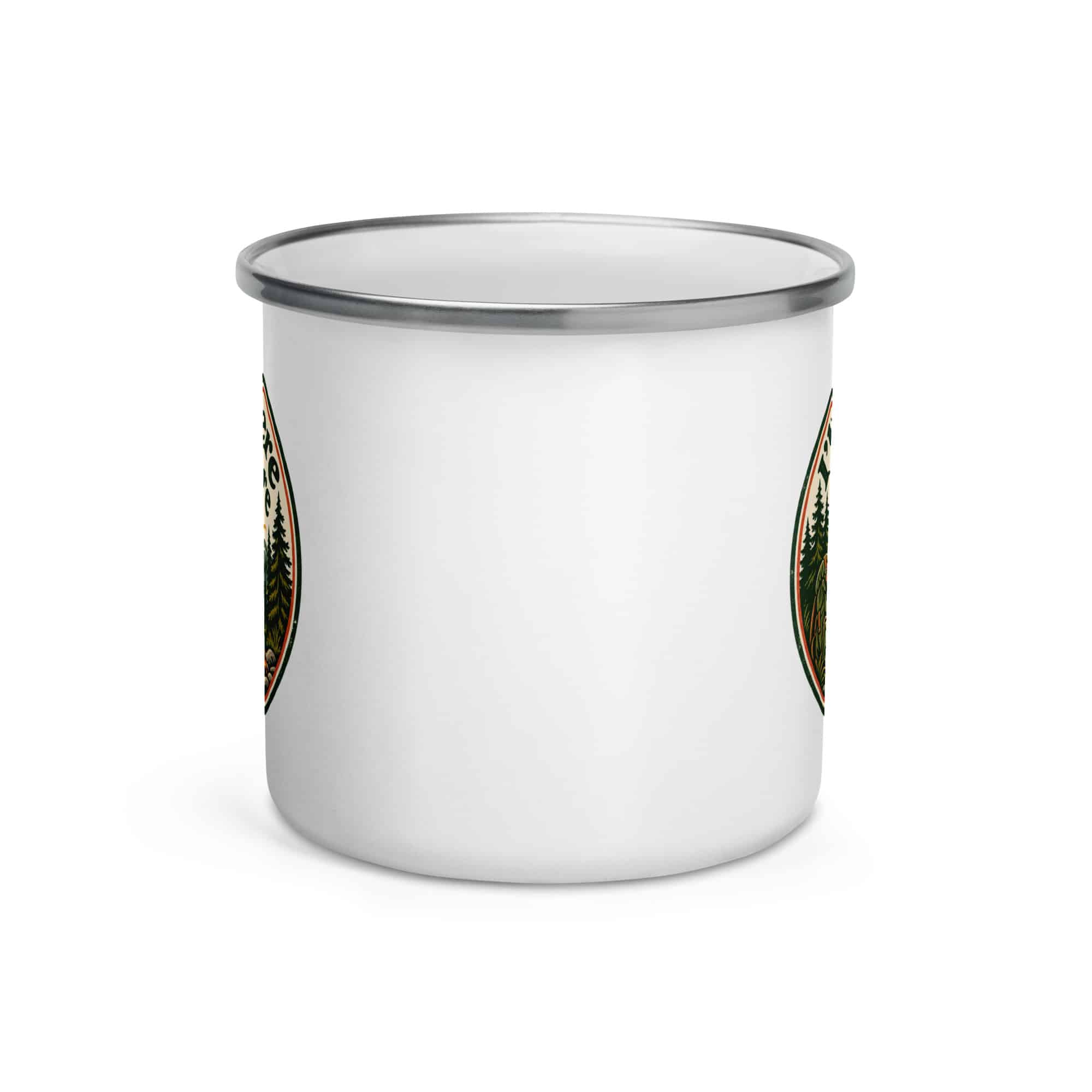Nature and Adventure Enamel Camp Mug: I'll Be Where the Trees Are, Vintage Round Badge