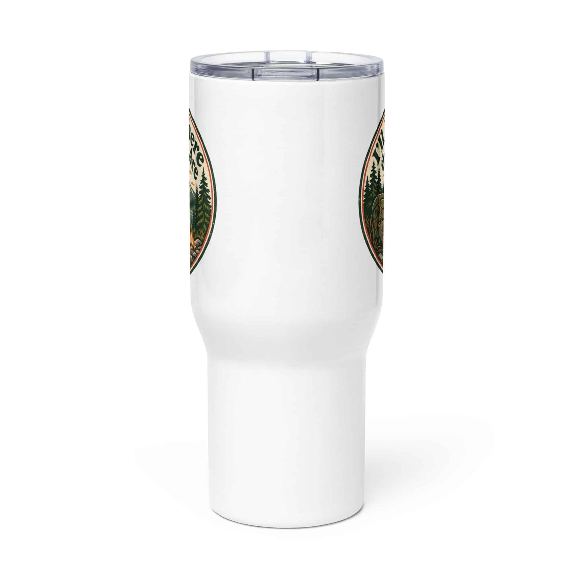 Nature and Adventure Travel Mug: I'll Be Where the Trees Are, Vintage Round Badge