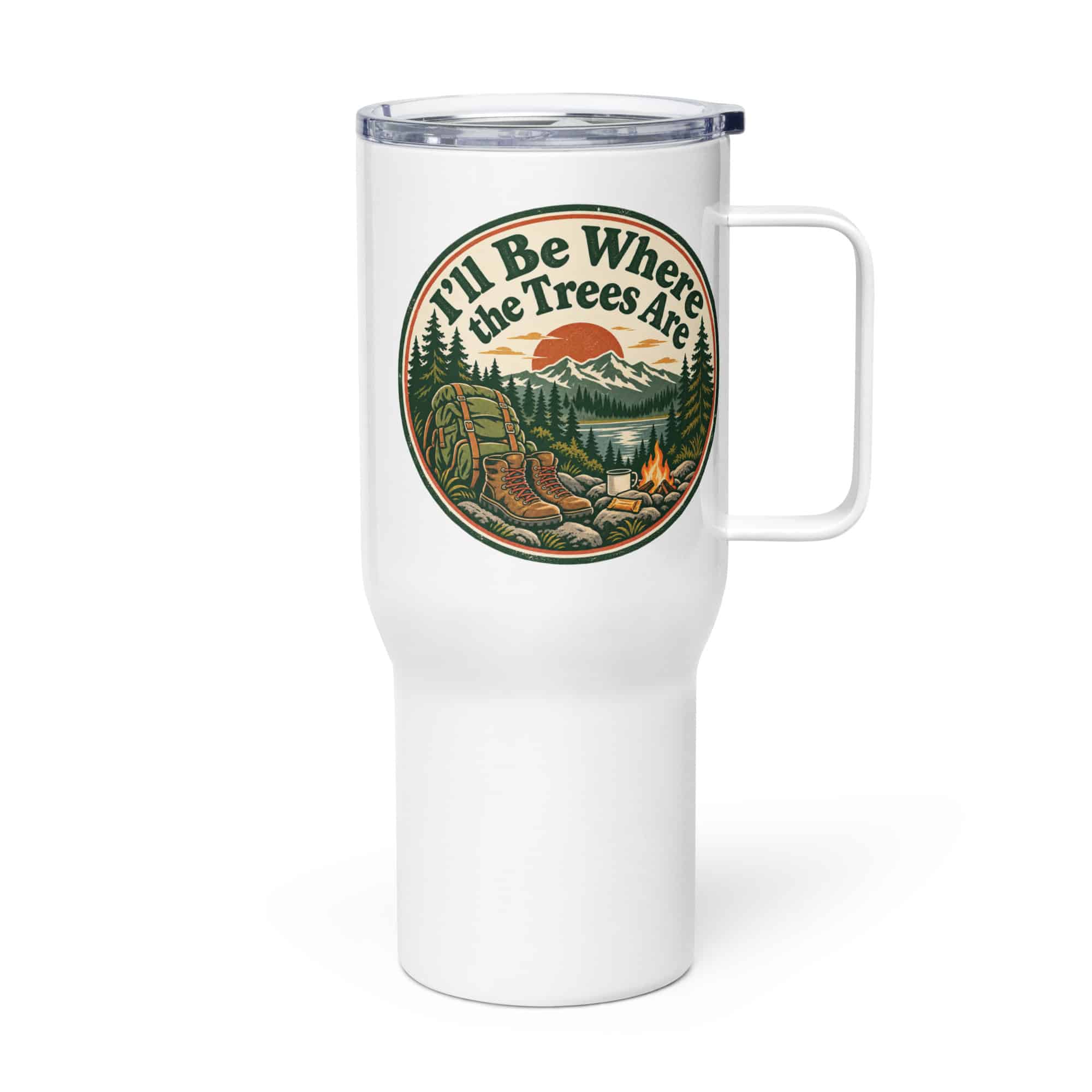 Nature and Adventure Travel Mug: I'll Be Where the Trees Are, Vintage Round Badge