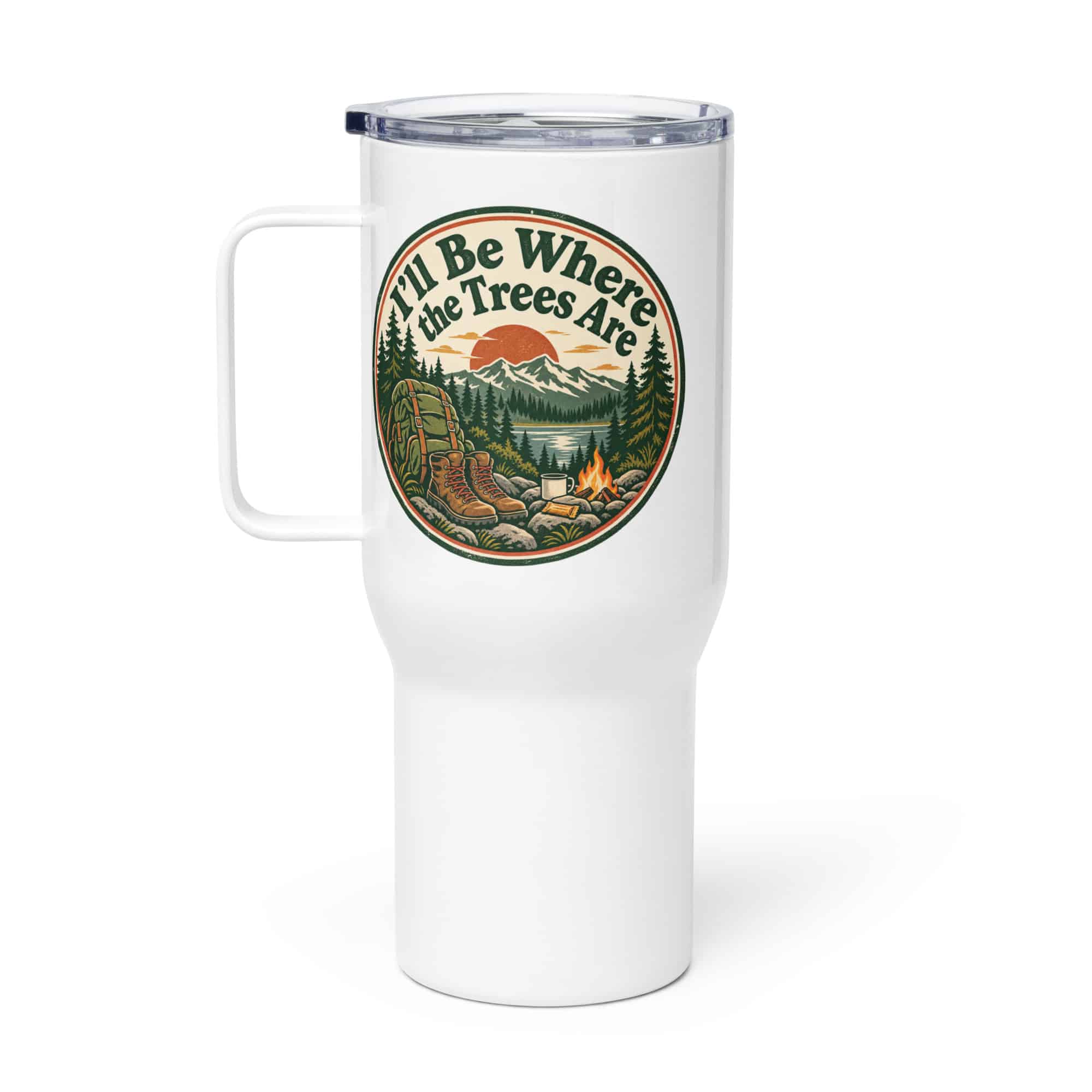 Nature and Adventure Travel Mug: I'll Be Where the Trees Are, Vintage Round Badge