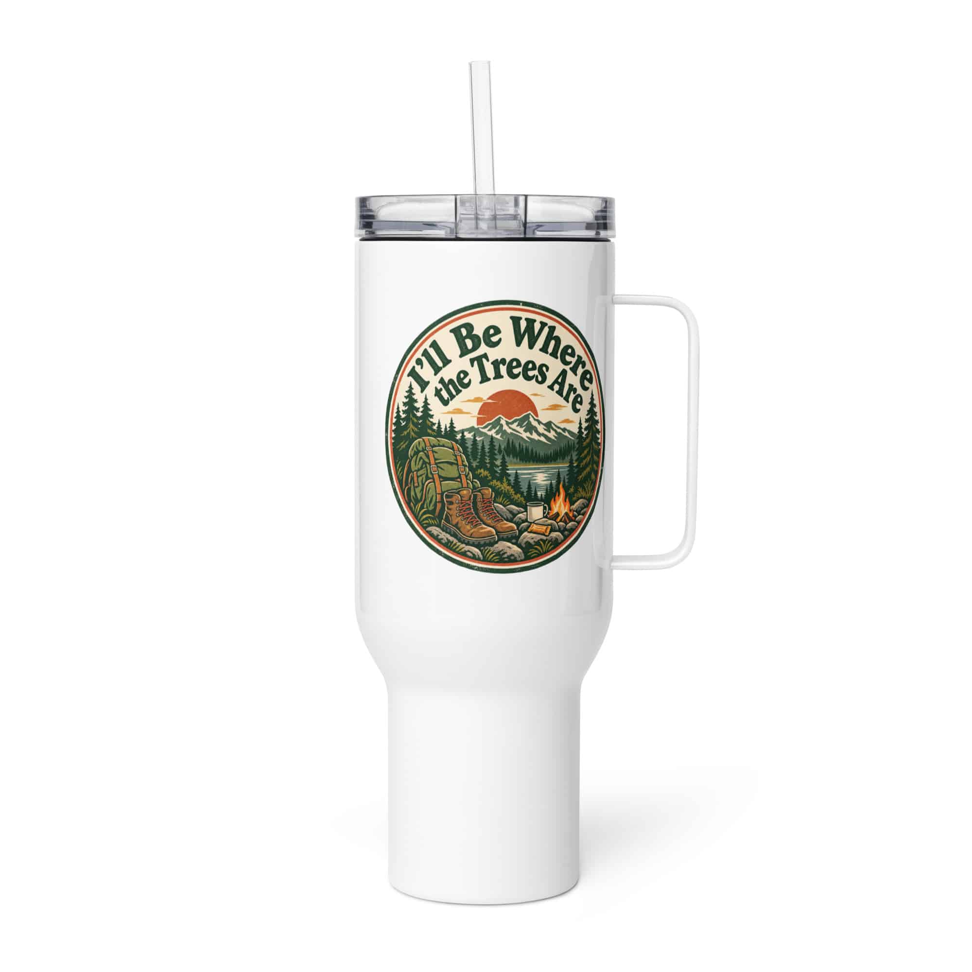 Nature and Adventure Travel Mug: I'll Be Where the Trees Are, Vintage Round Badge