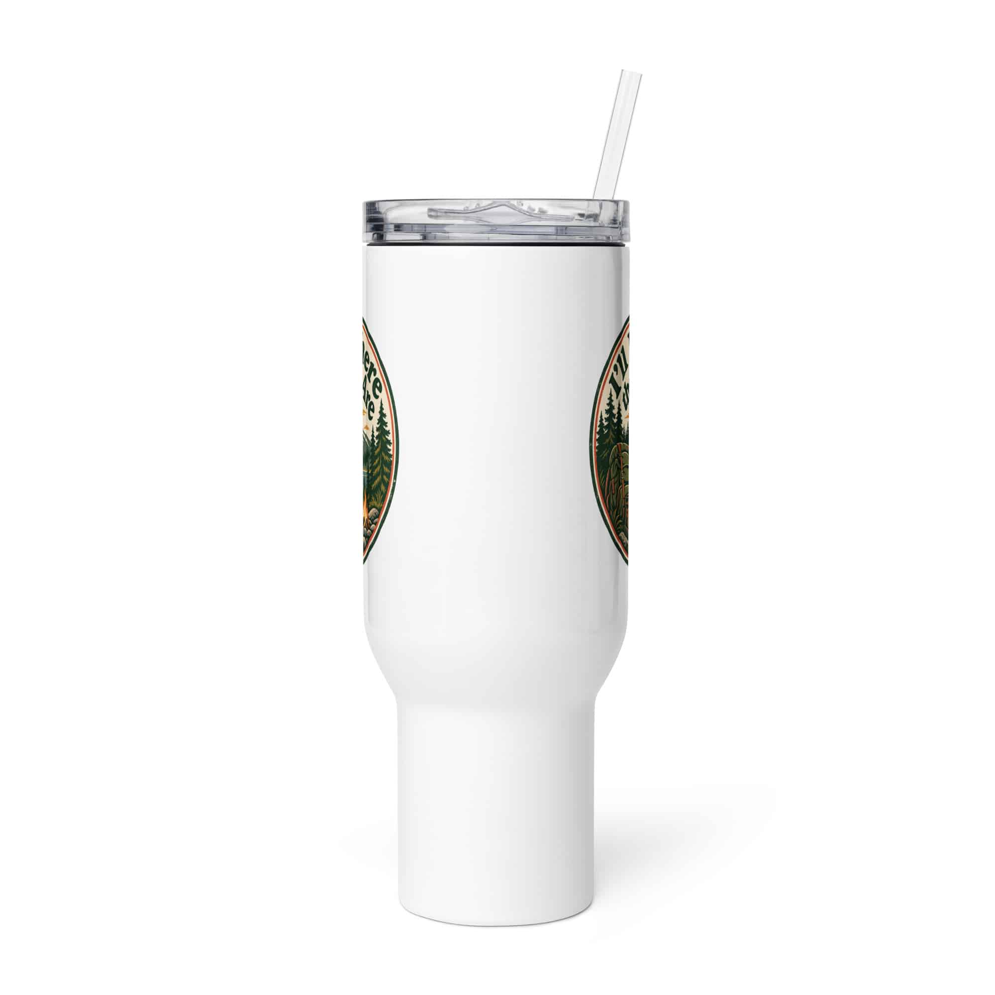 Nature and Adventure Travel Mug: I'll Be Where the Trees Are, Vintage Round Badge