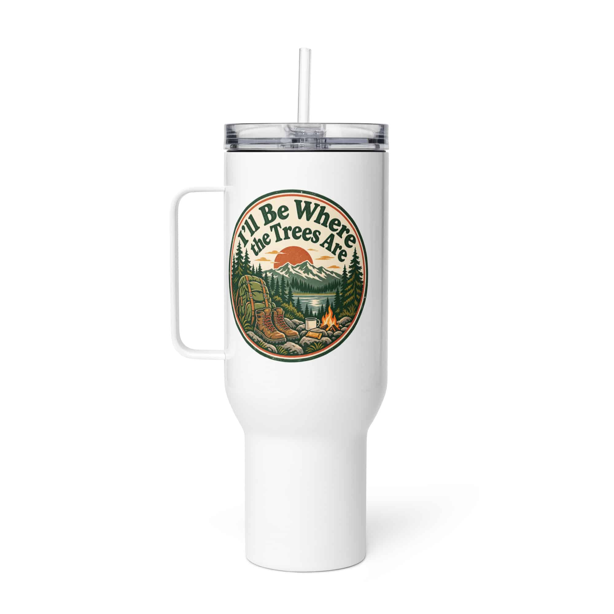 Nature and Adventure Travel Mug: I'll Be Where the Trees Are, Vintage Round Badge