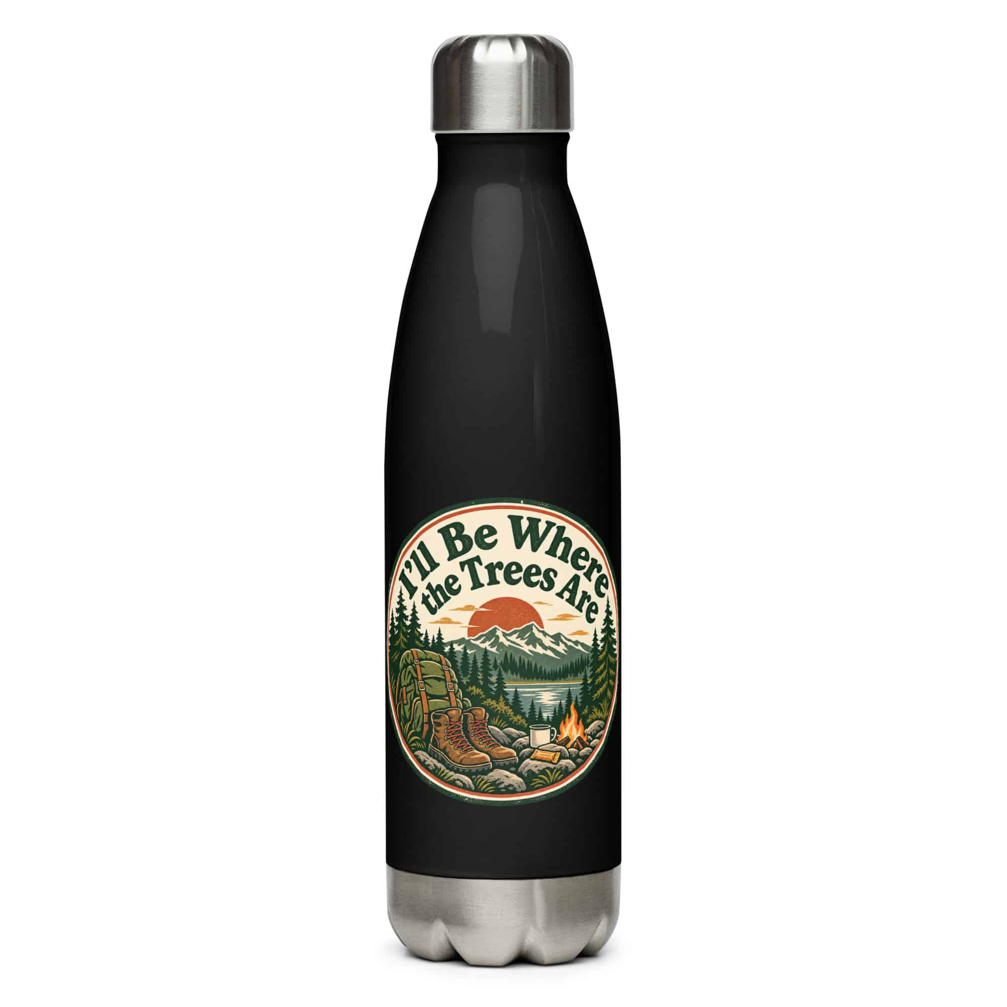 Nature and Adventure Stainless Steel Water Bottle: I'll Be Where the Trees Are, Vintage Round Badge
