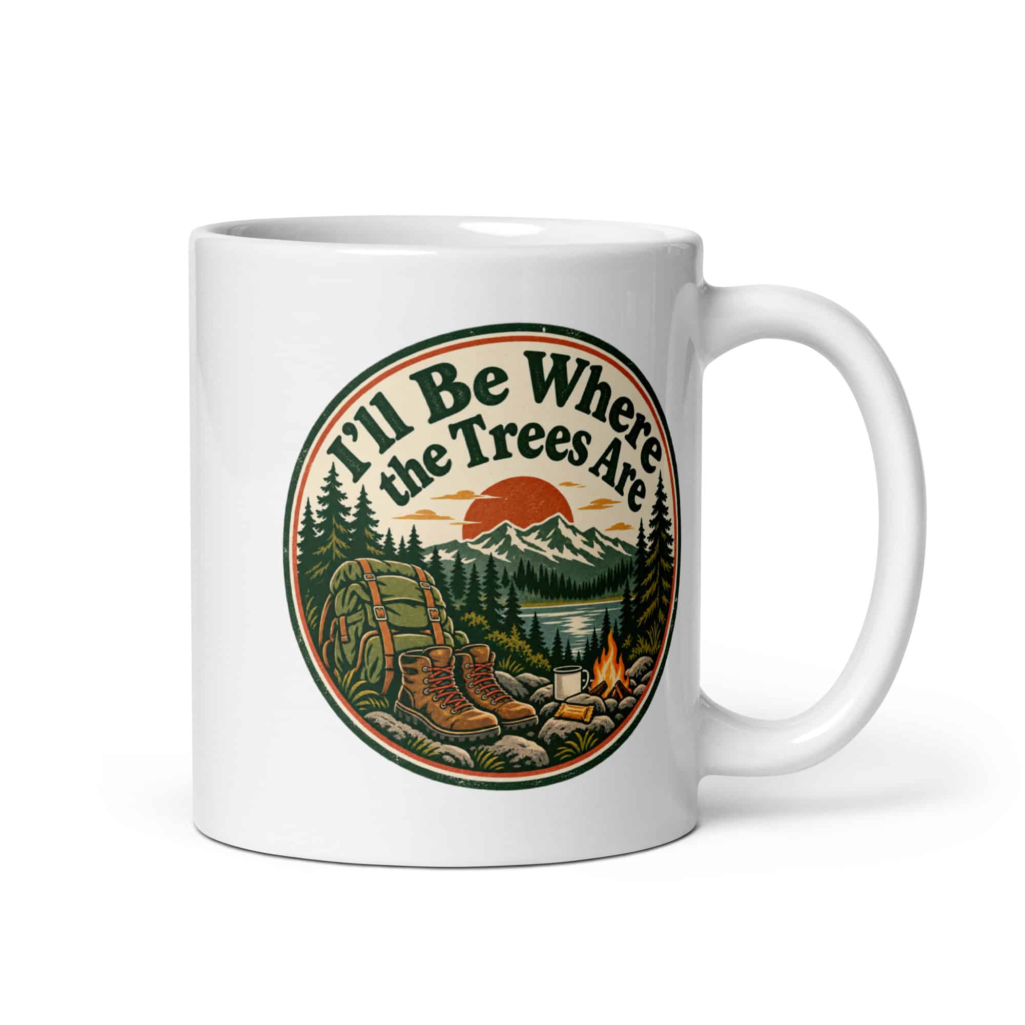 Nature and Adventure White Ceramic Coffee Mug: I'll Be Where the Trees Are, Vintage Round Badge