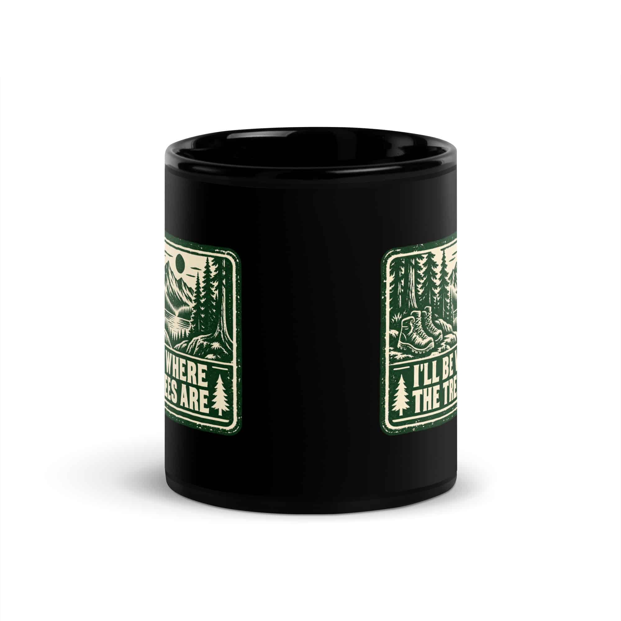 Nature and Adventure Black Coffee Mug: I'll Be Where the Trees Are, Forest Ink Stamp